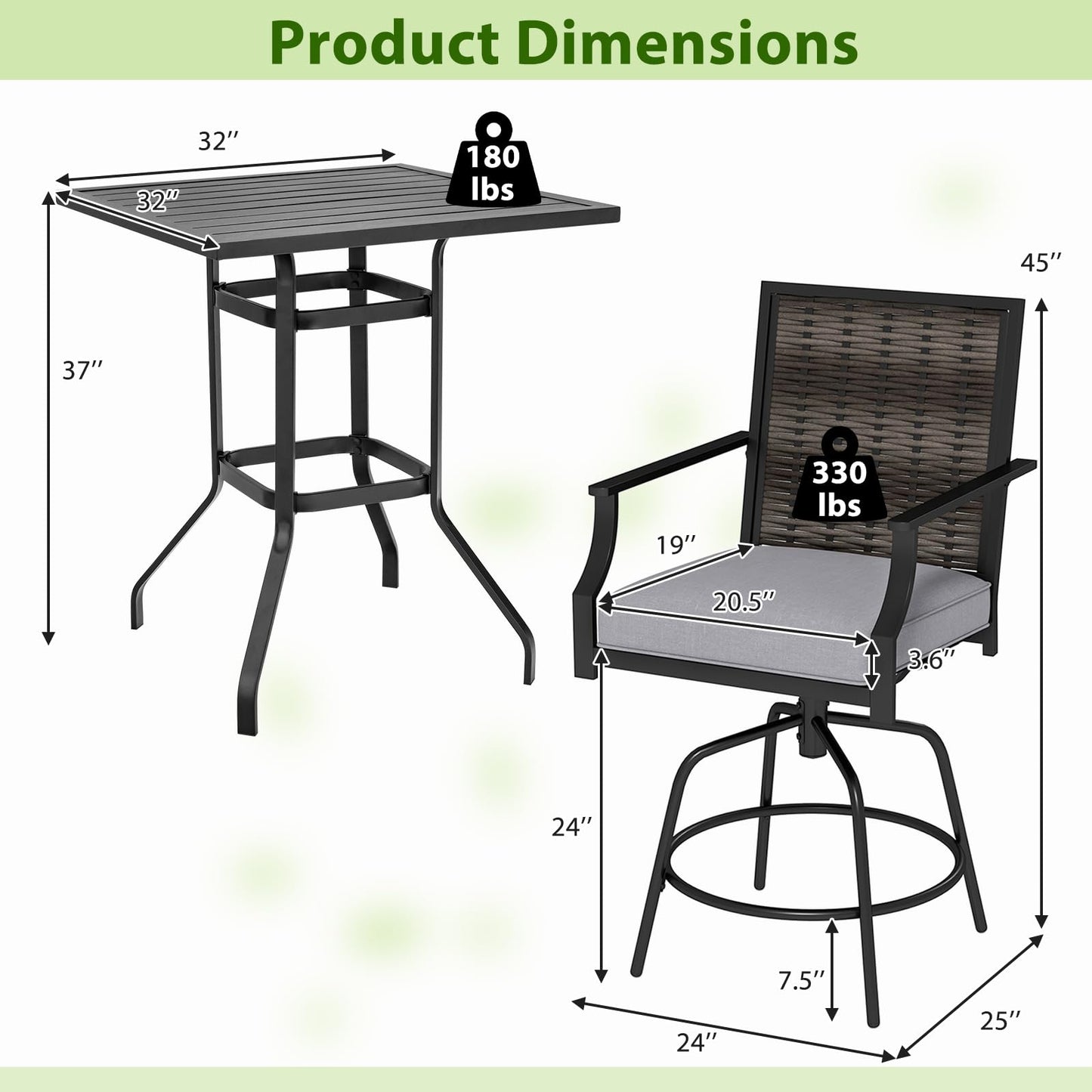 Tangkula 3 Pieces Outdoor Swivel Bar Set High Top Patio Bar Table and Rattan Wicker Chairs