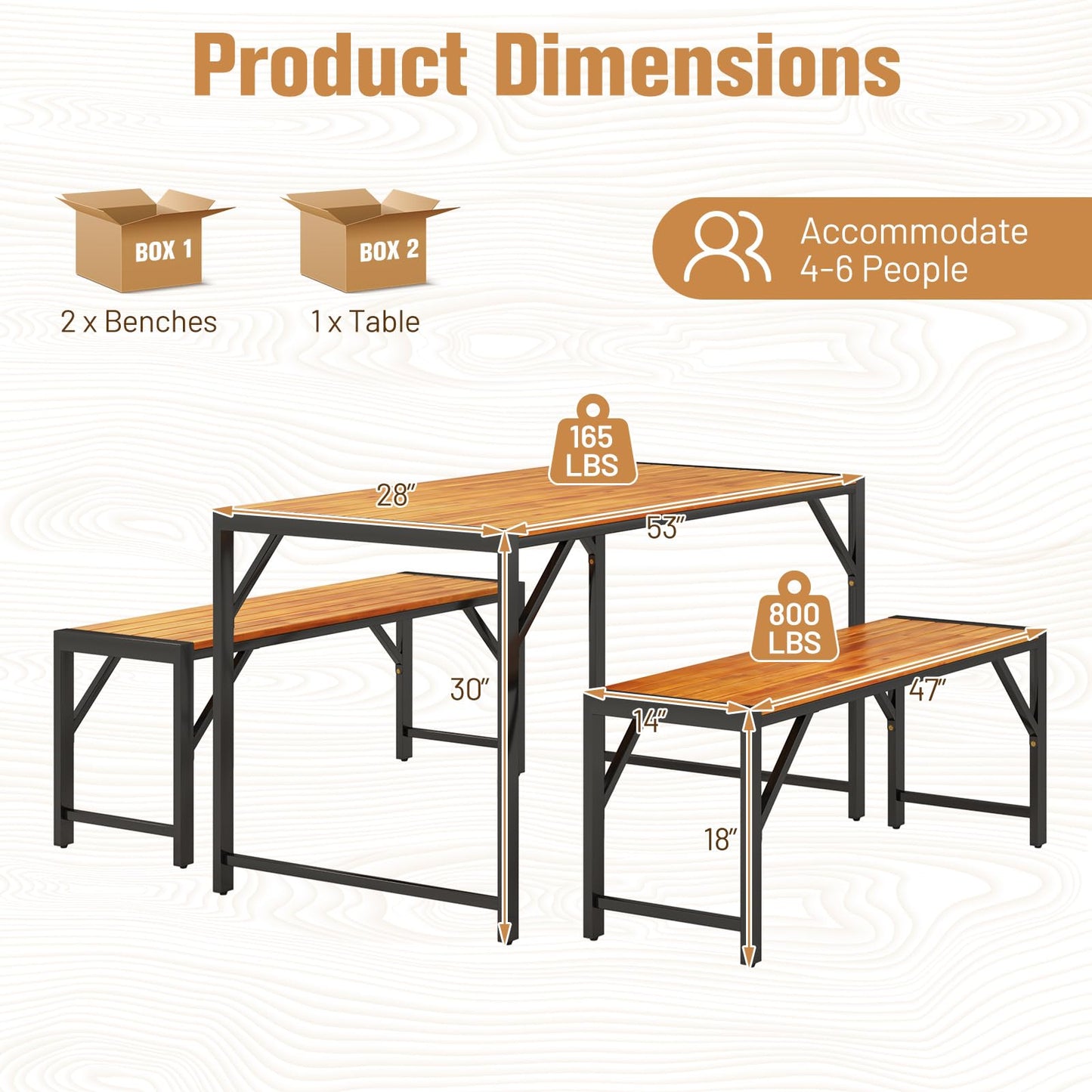 Tangkula 3 Pieces Patio Dining Set for 6 People, Outdoor Picnic Table & 2 Benches, 53” Acacia Wood Dining Table