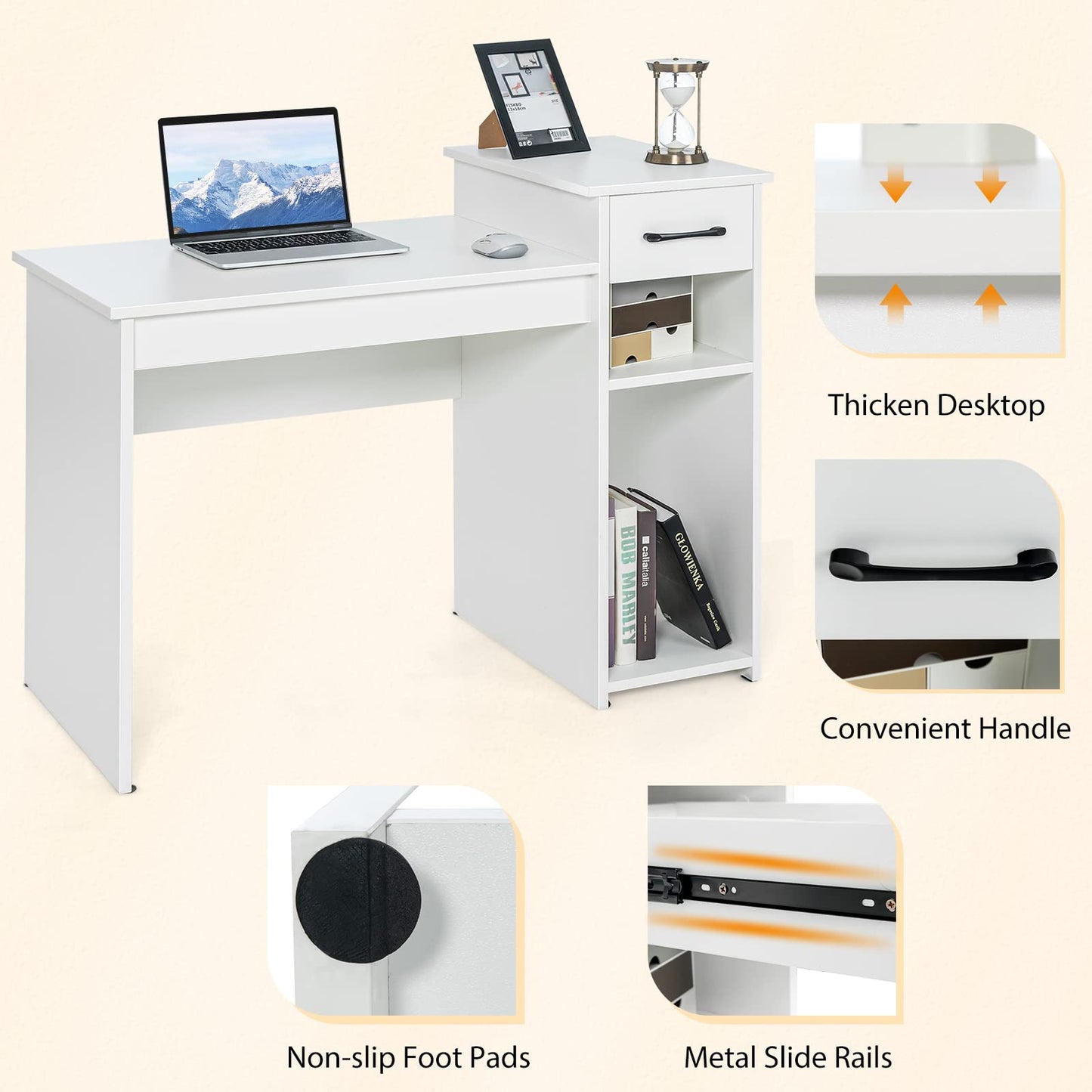 Tangkula White Desk with Drawer & CPU Stand