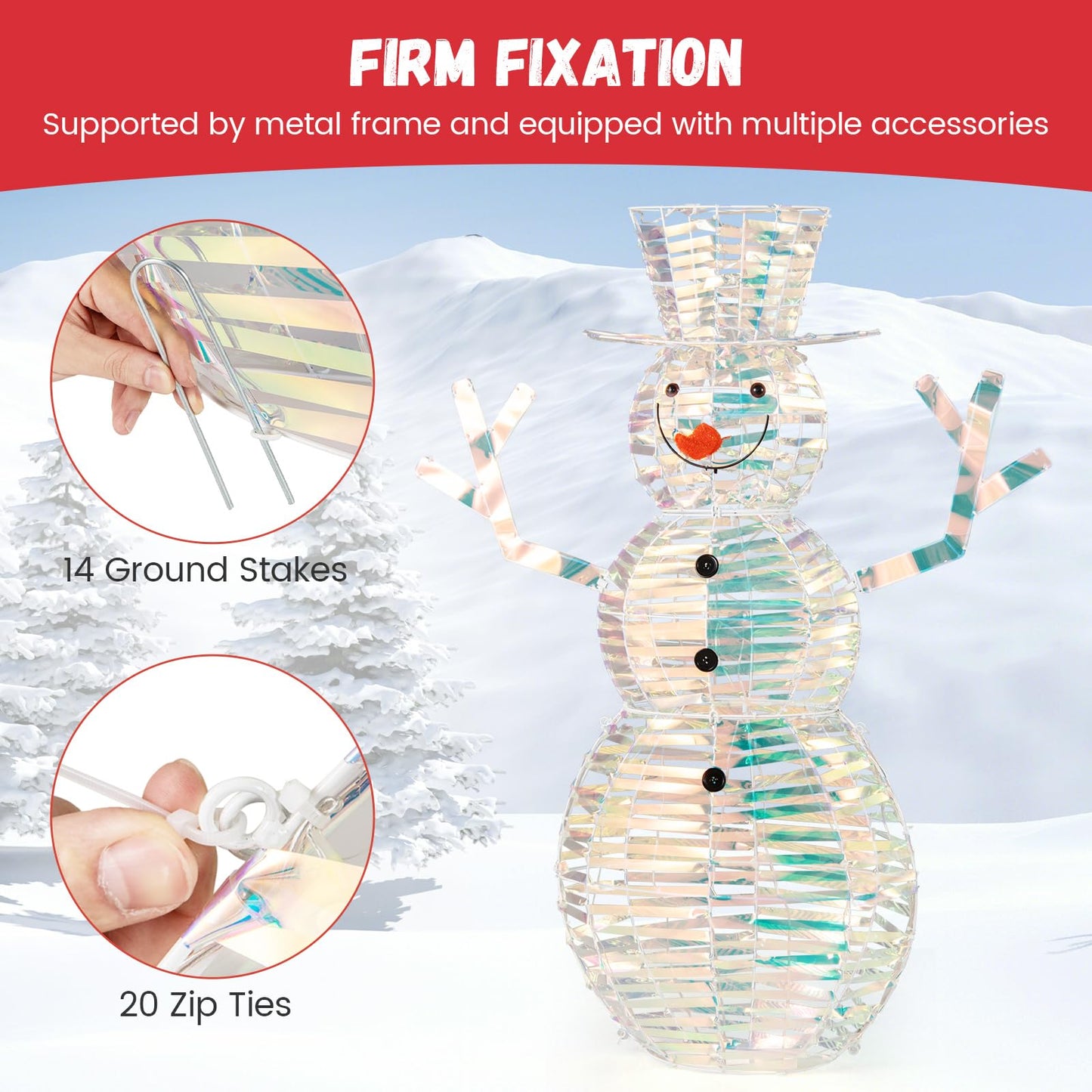 Tangkula 4 FT Christmas Lighted Iridescent Snowman, Pre-Lit Christmas Decoration with 100 White LED Lights