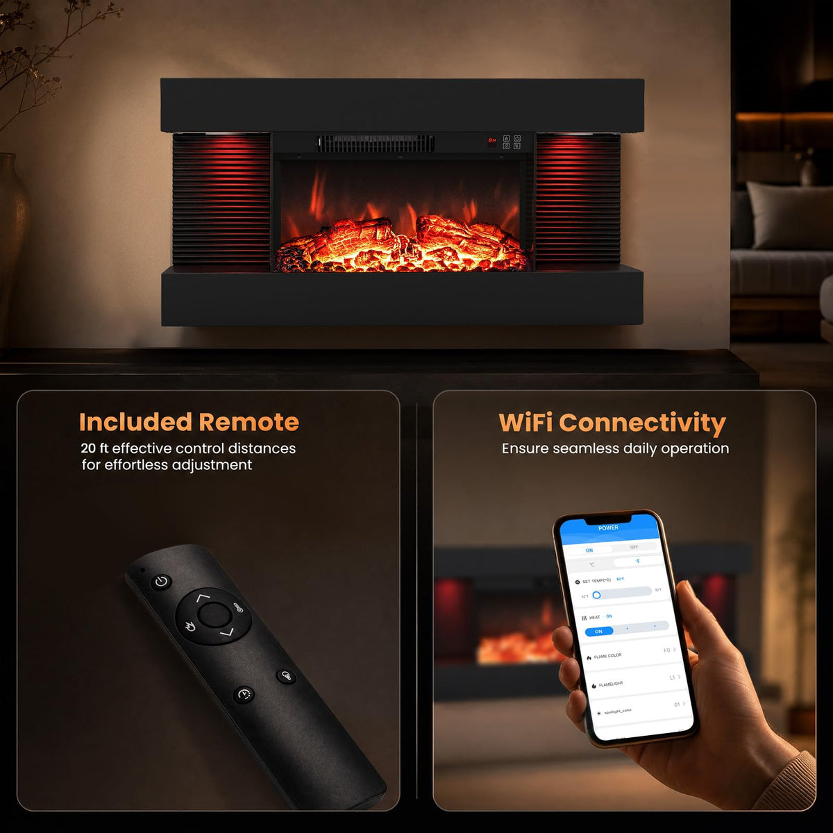Tangkula 18"/26"/36"/46" 3-Sided WiFi Electric Fireplace with 32"/40"/50"/60" Floating Mantel