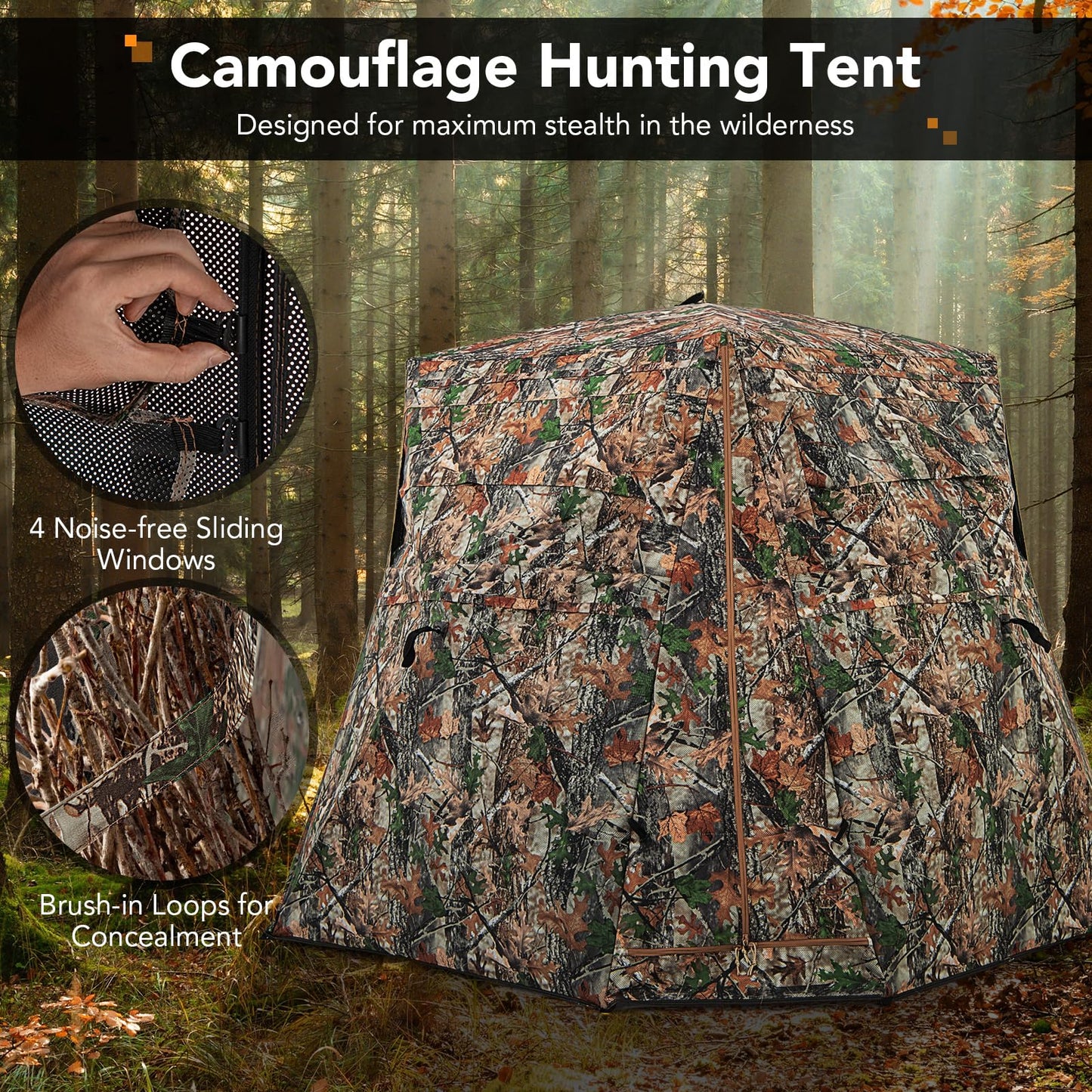 Tangkula 2-3 Person Hunting Blind, 360 Degree See Through Ground Blind with 4 Silent Slide Windows