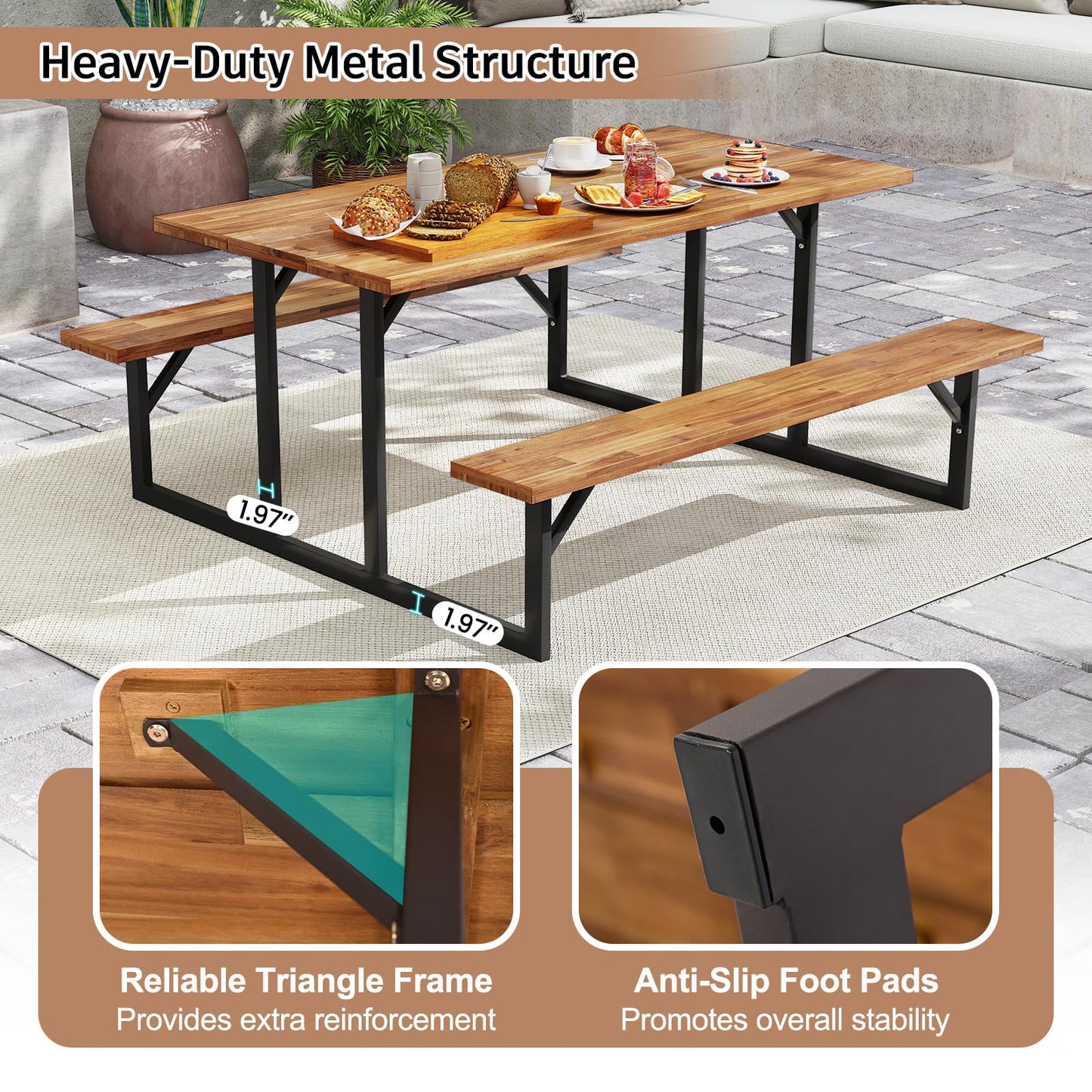 Tangkula 6 Person Acacia Wood Picnic Table with 2 Built in Benches