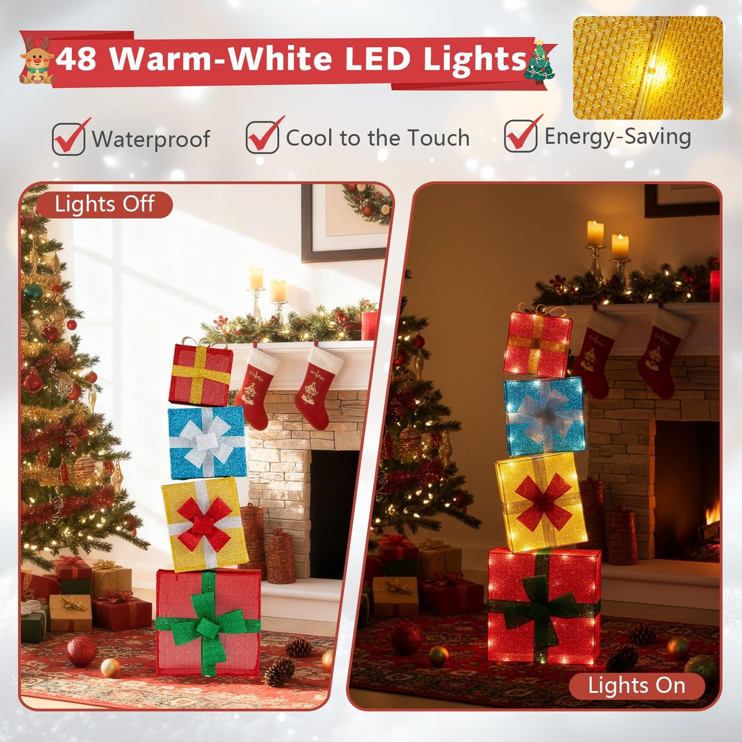 Tangkula 4 Ft Stackable Gift Boxes with Warm White LED Lights