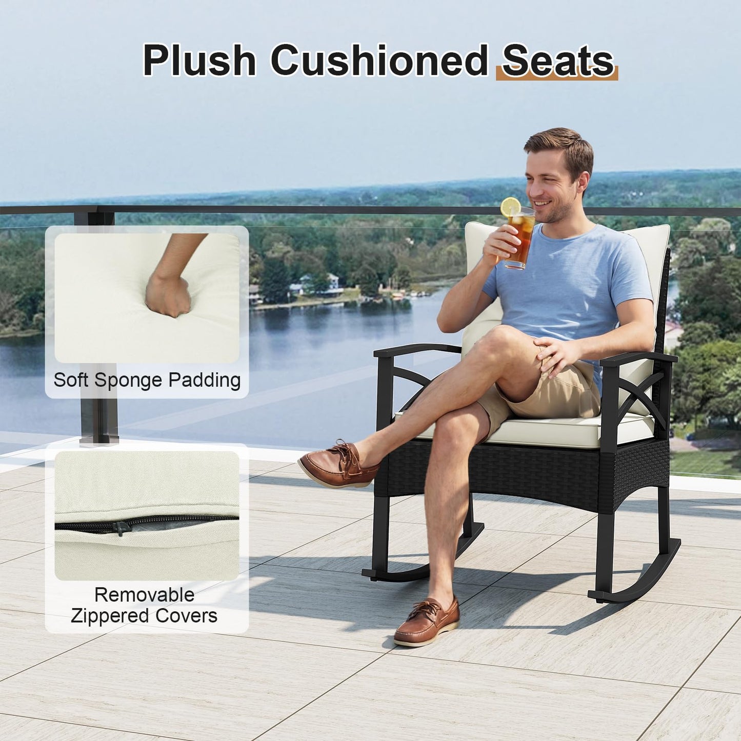 3 Pieces Rattan Outdoor Rocking Chairs Set with 2-Tier Tempered Glass Coffee Table