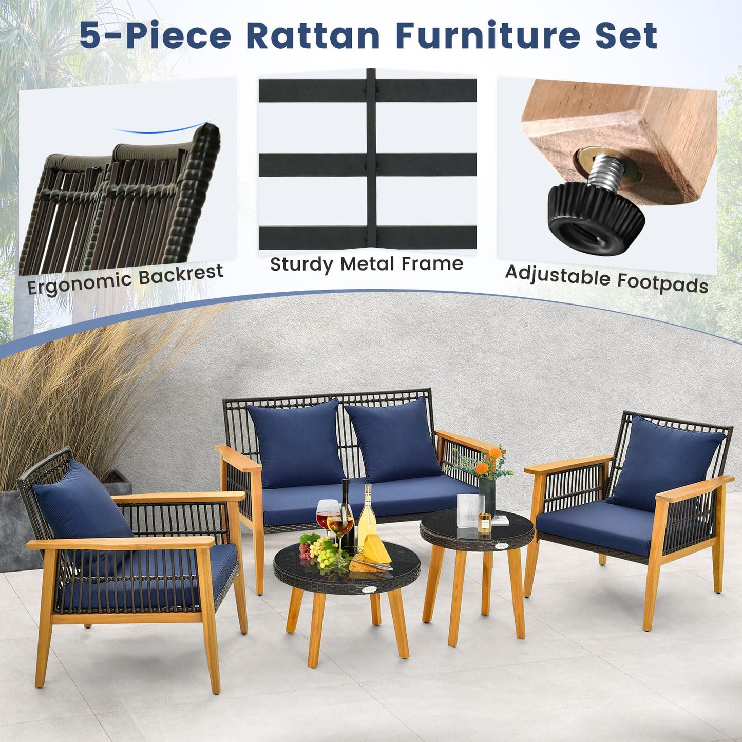 Tangkula 5 Piece Outdoor Conversation Set, Patiojoy Rattan Chair Set with 2 Coffee Tables, Stable Acacia Wood Frame