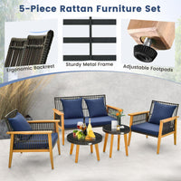 Tangkula 5 Piece Outdoor Conversation Set, Patiojoy Rattan Chair Set with 2 Coffee Tables, Stable Acacia Wood Frame