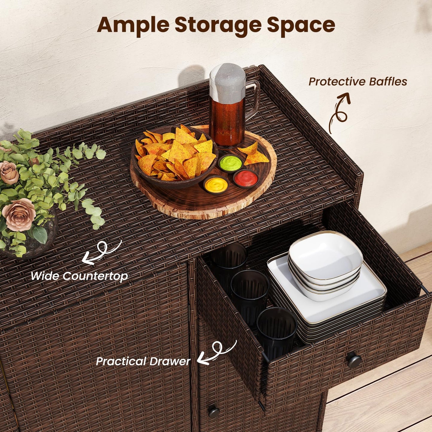 Tangkula Rattan Outdoor Storage Cabinet for Patio Garden Poolside