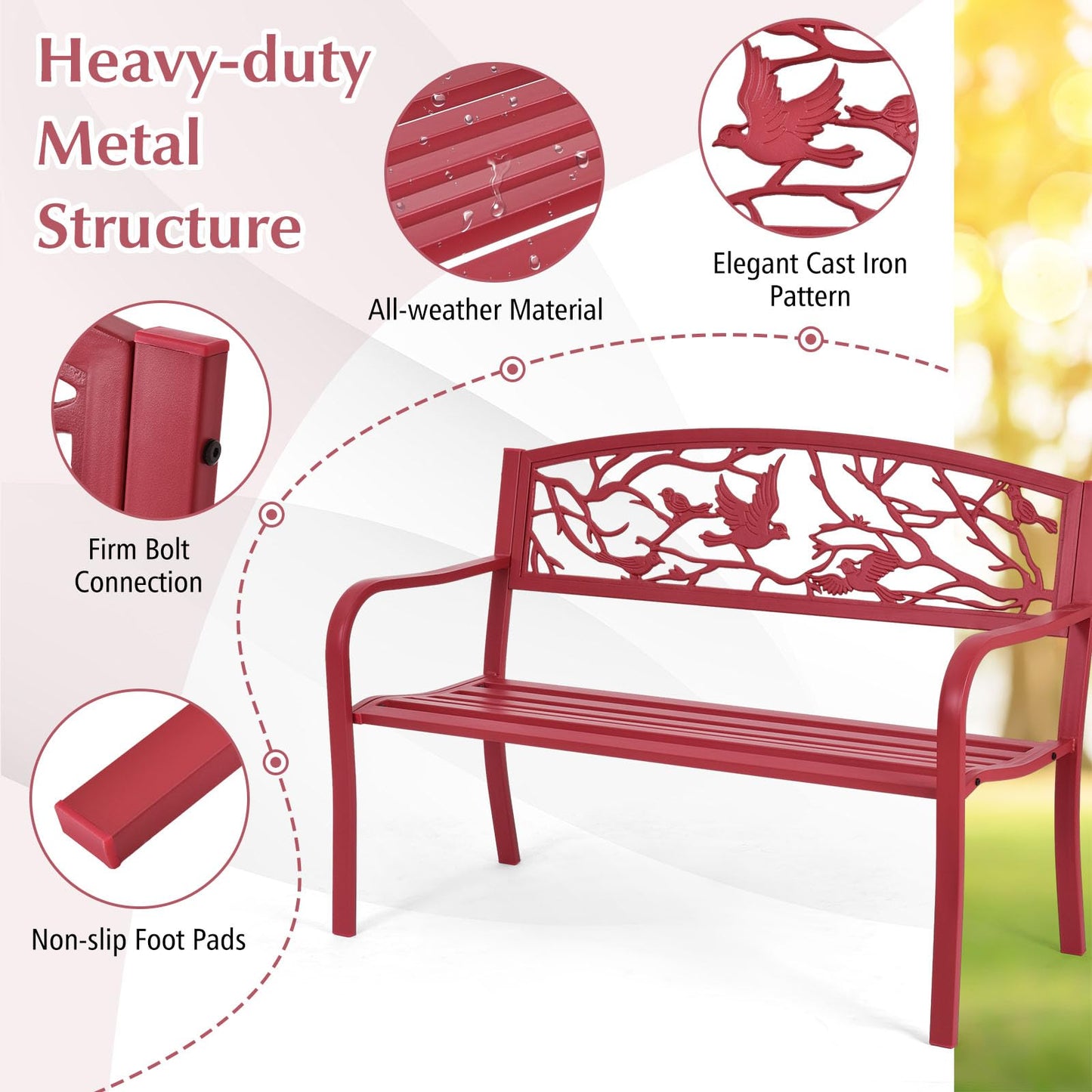Tangkula Metal Outdoor Garden Bench Park Bench with Bird & Twig Cast Iron Back Pattern