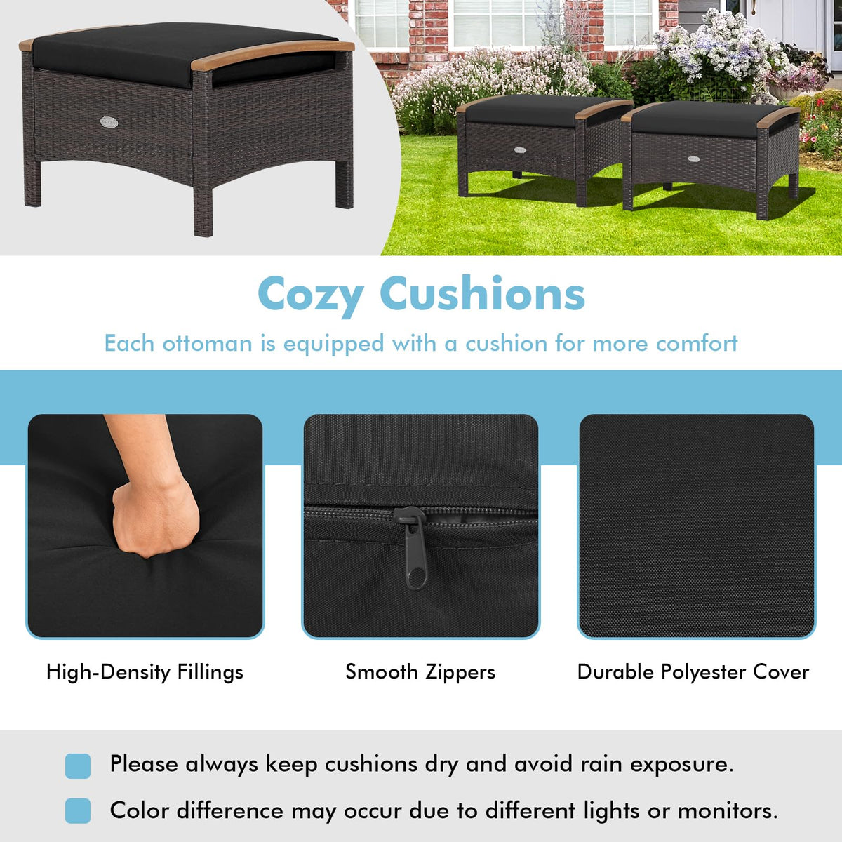 Tangkula 2 Piece Patio Rattan Ottomans, Outdoor Wicker Footstool