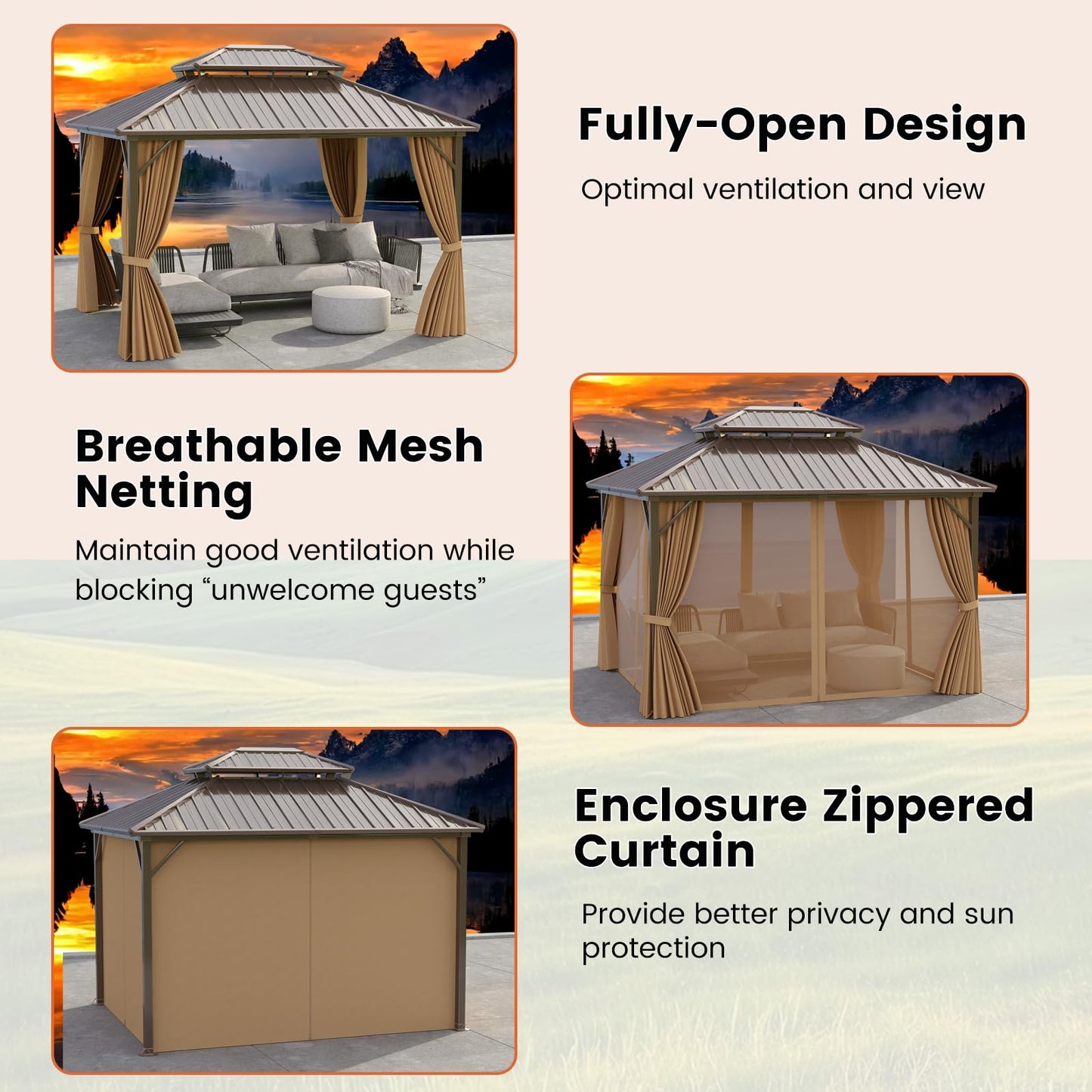 TANGKULA 12 X 10 FT Hardtop Gazebo w/Netting, Curtain