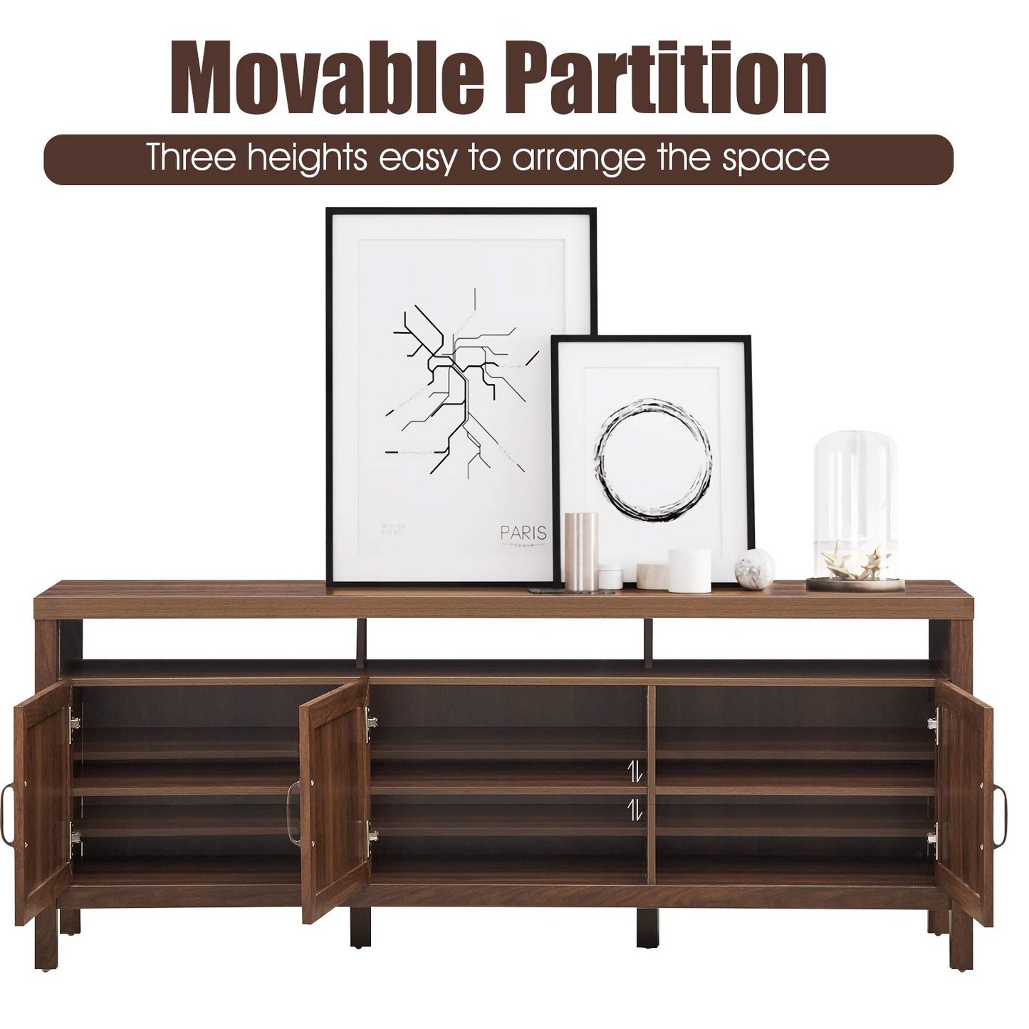 Tangkula Farmhouse Rattan TV Stand, 62 Inches Modern Boho Entertainment Center for TVs up to 65/70 Inches
