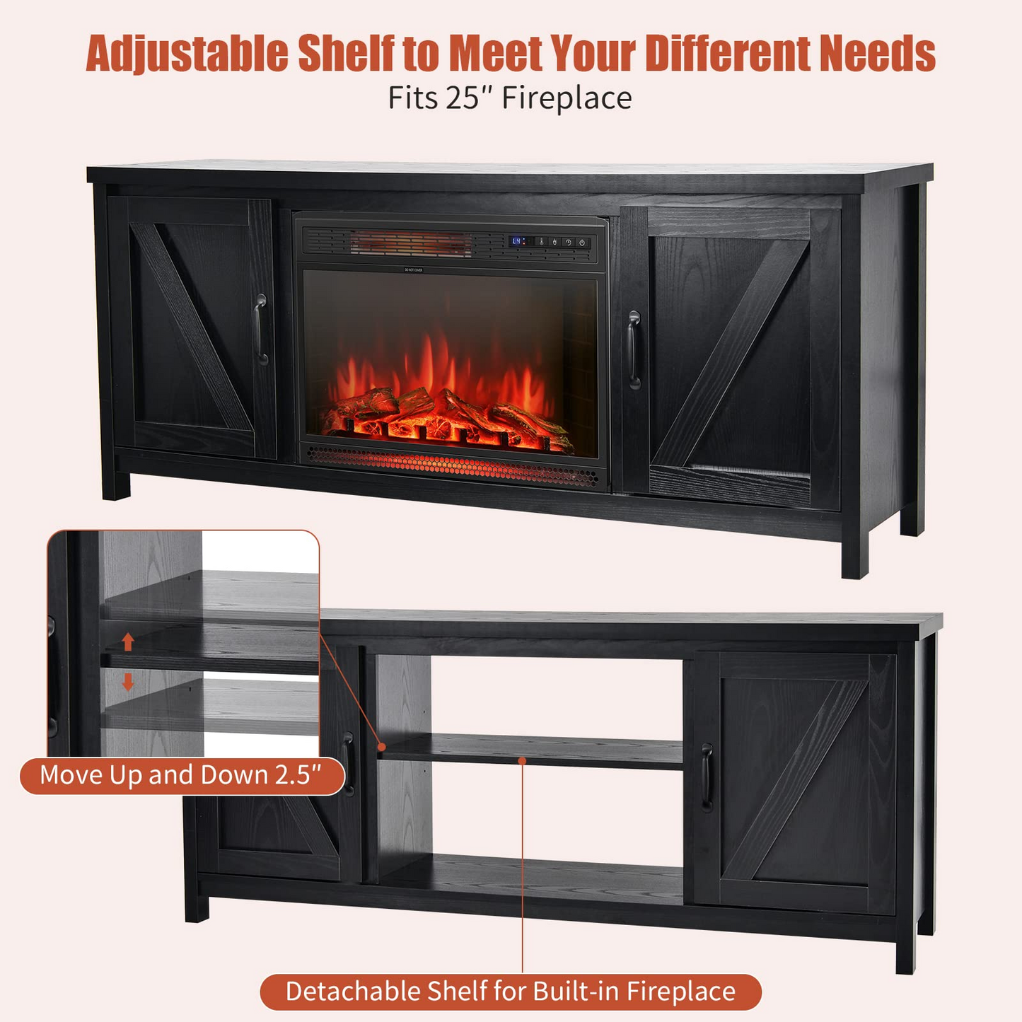Fireplace TV Stand for TVs Up to 65 Inch, Fireplace Media Console Table with Barn Doors, Electric Heater with Adjustable Brightness & Remote