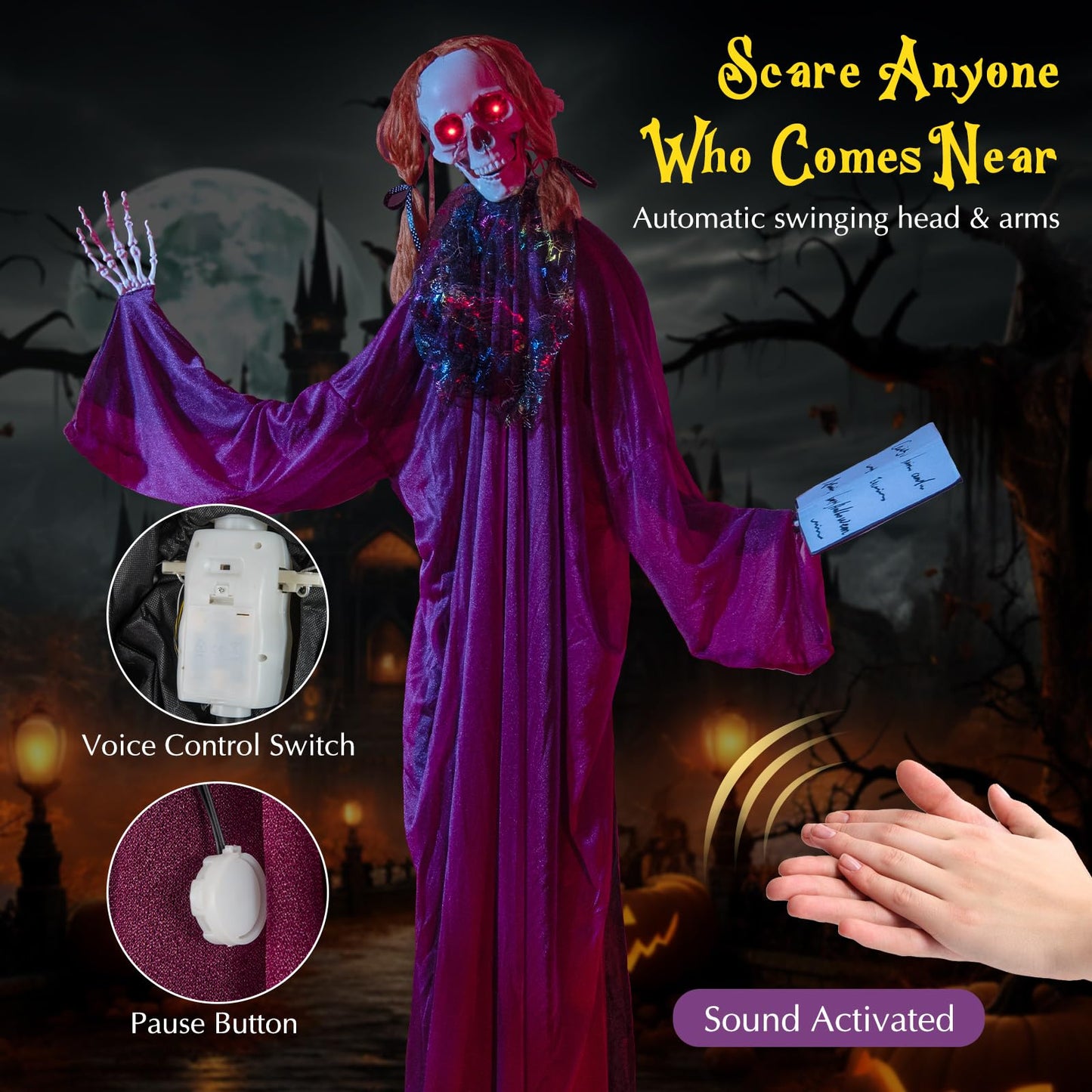 Tangkula 6 Feet Halloween Animatronic Standing Girl Holding Book with Sound
