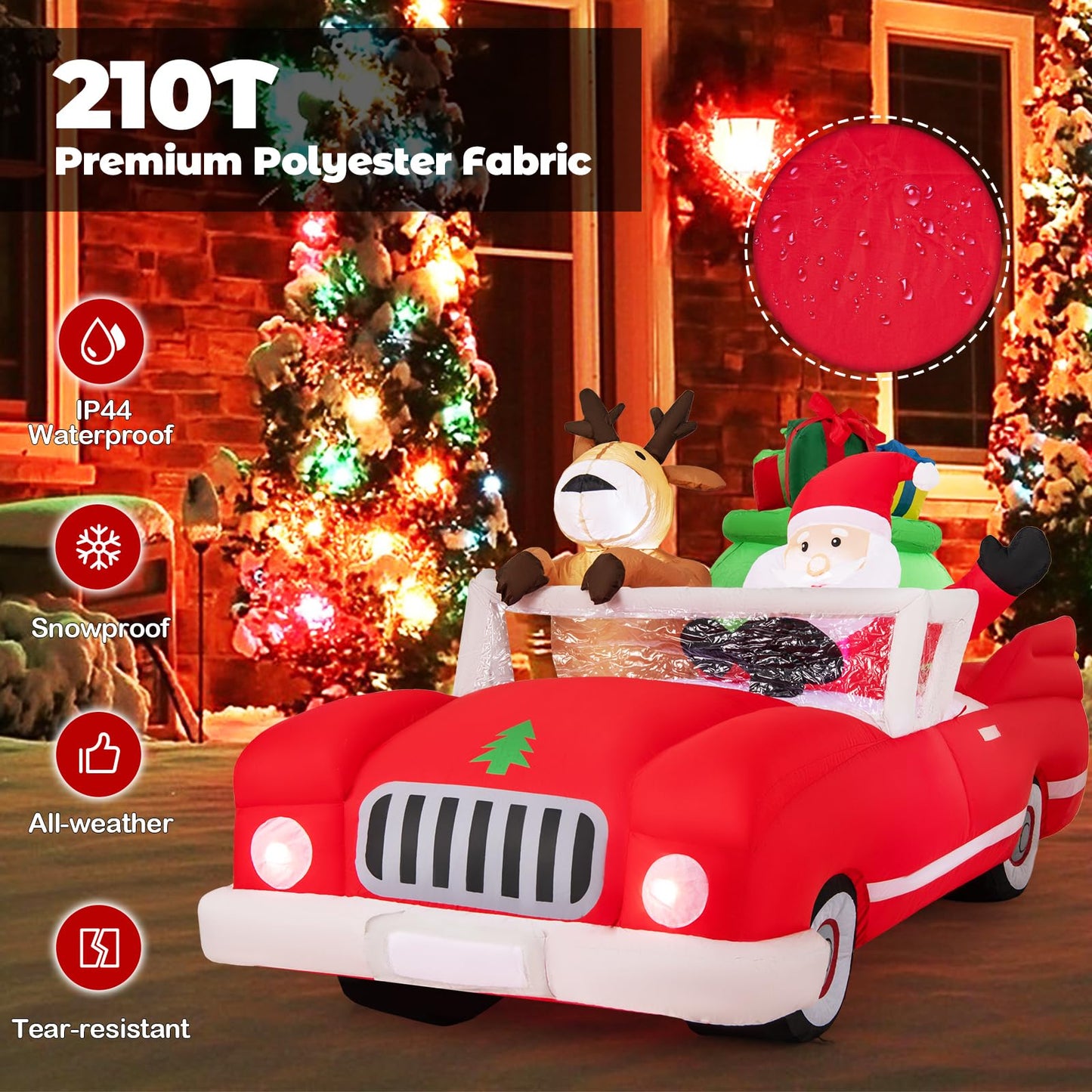 Tangkula 7.7 FT Christmas Inflatable Santa Claus & Reindeer Riding Car with Gift Bag