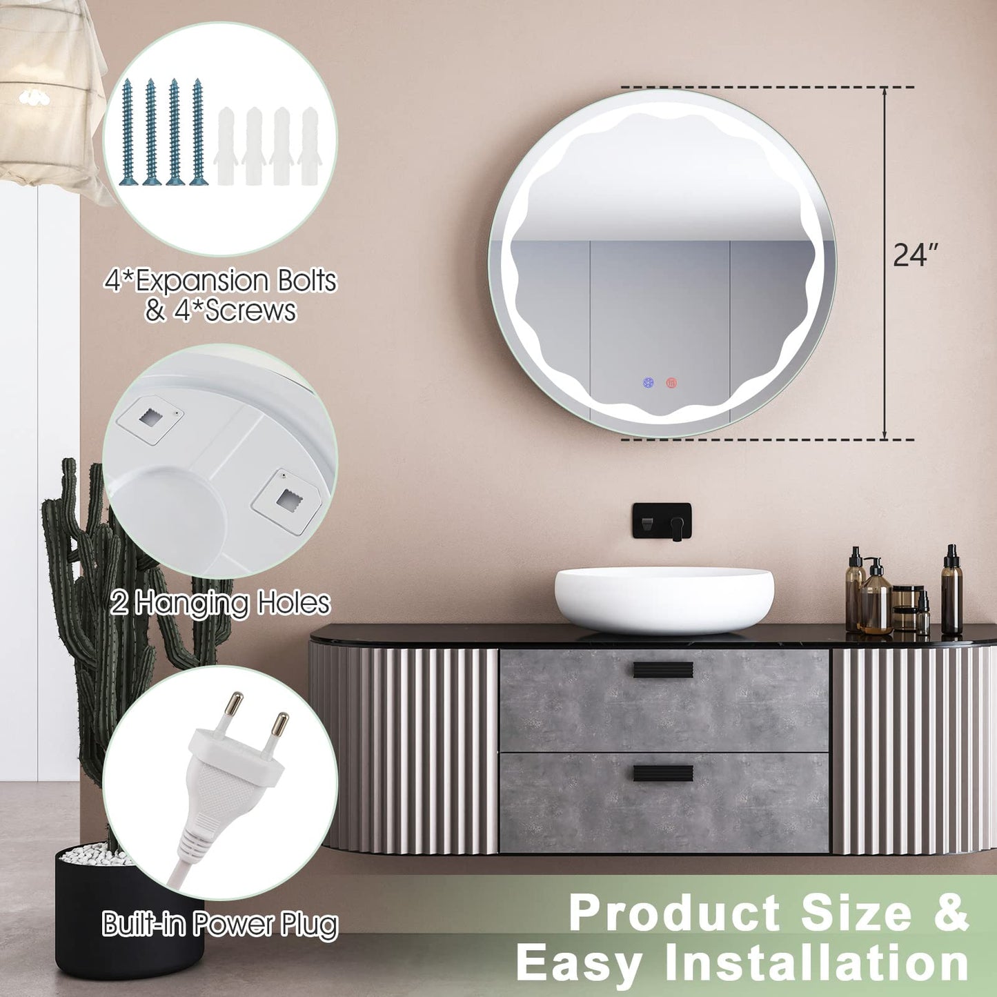 Tangkula 23.5" Round LED Bathroom Mirror