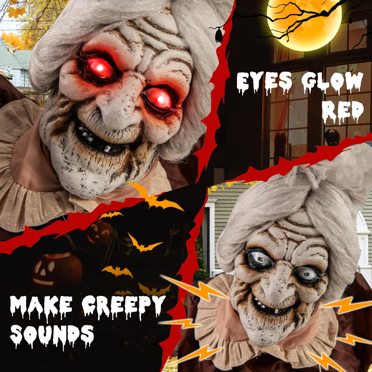 Tangkula Vieille Dame Animée d'Halloween de 1,5 m Tenant une Lanterne, Zombie Animatronique avec Yeux Rouges Lumineux à LED