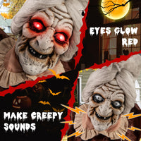 Tangkula Vieille Dame Animée d'Halloween de 1,5 m Tenant une Lanterne, Zombie Animatronique avec Yeux Rouges Lumineux à LED