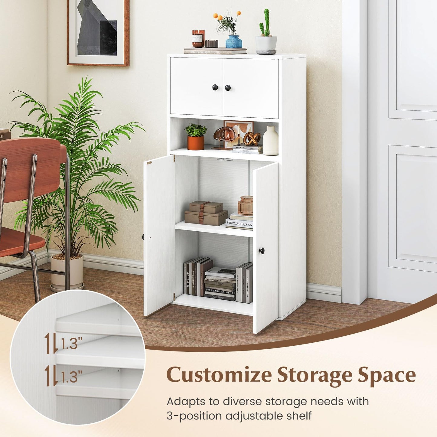 Tangkula 44” Tall Bookshelf with Doors 5-Tier Floor Standing