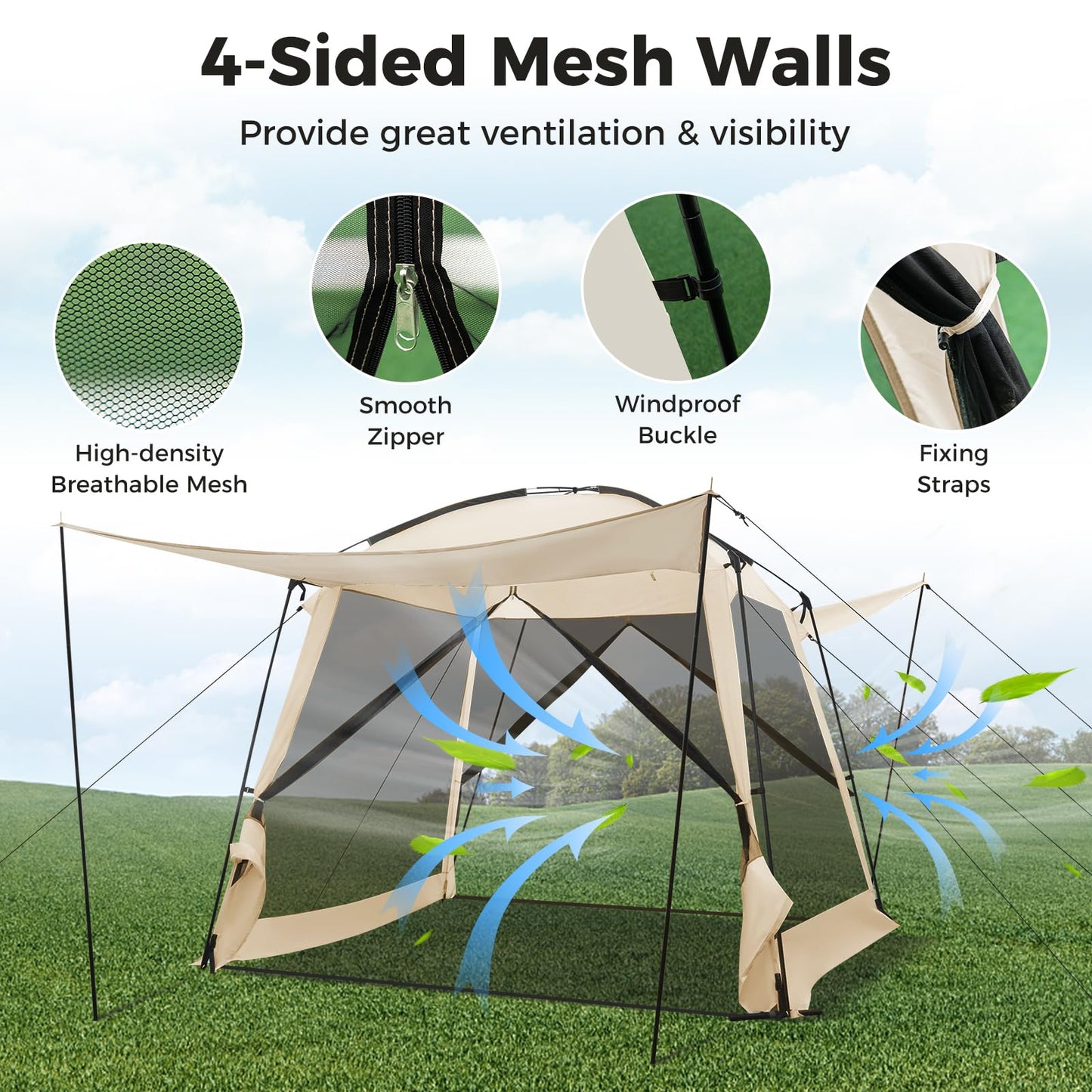Tangkula 10ft x 10ft Screened Canopy Tent, Screen Shelter Gazebo w/Vestibule, Zippered Door, 6-8 Person Portable Camping Tent