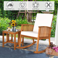 Tangkula 3 Pieces Acacia Wood Rocking Bistro Set Coffee Table and Cushions