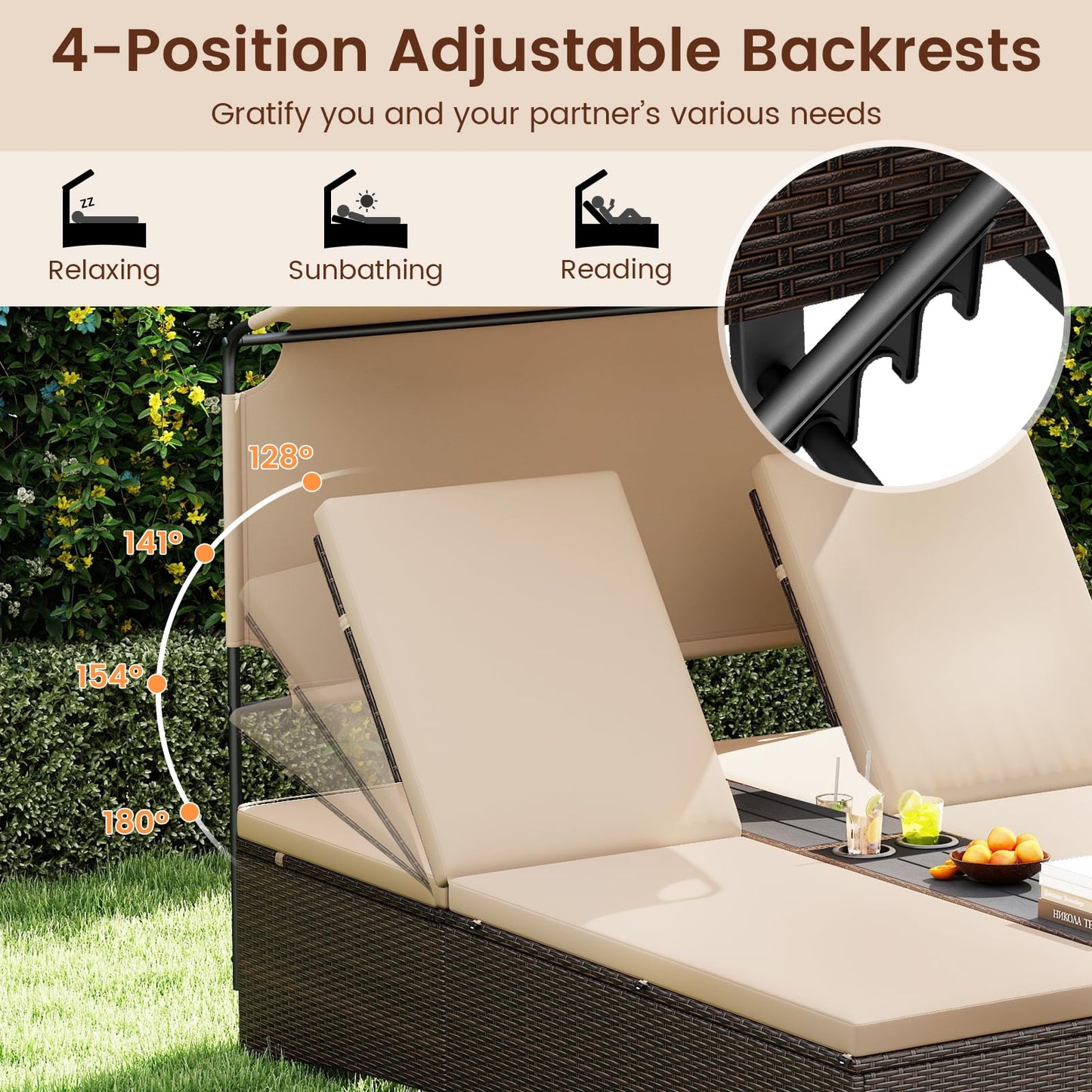 Tangkula 2-Person Outdoor Rattan Daybed with Canopy & 4-Level Adjustable Backrests