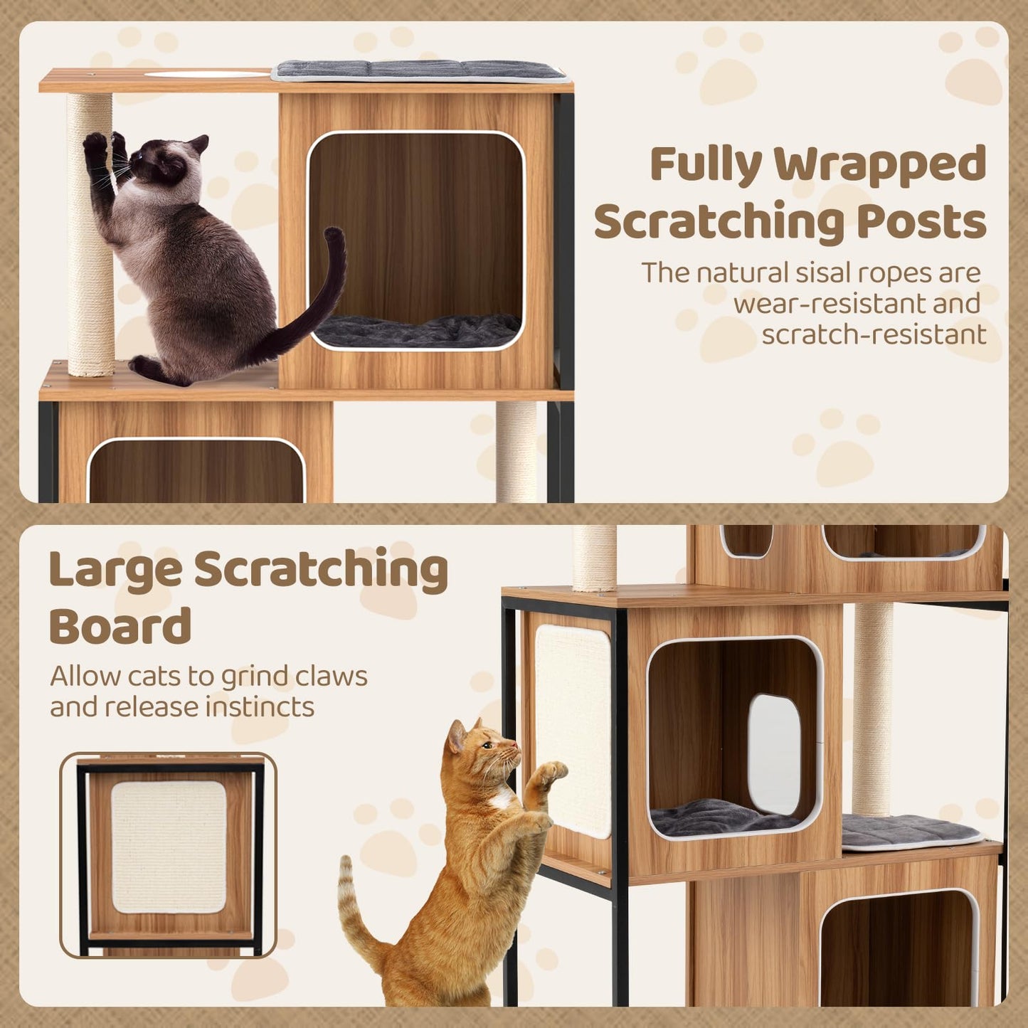 Tangkula Modern Cat Tree, 52 Inch Wooden Cat Condos with Metal Frame, Sisal Scratching Posts & Board