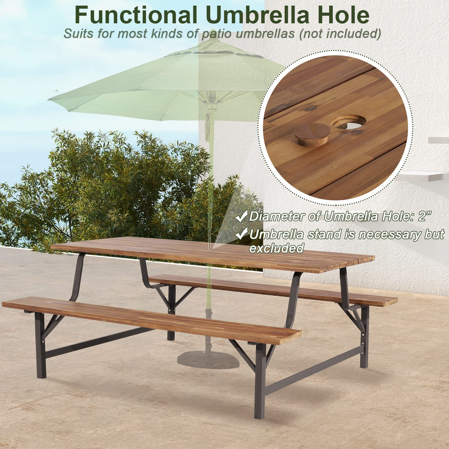 Tangkula Wood Picnic Table, Outdoor Acacia Wood Picnic Table Bench Set with 2 Built-in Benches