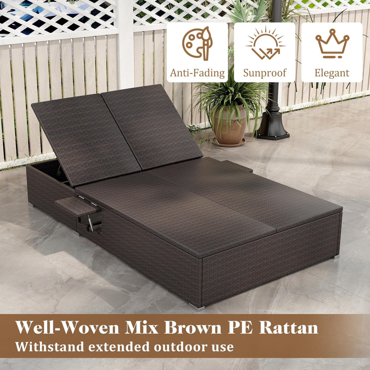 Tangkula Patio Double Chaise Lounge, Patiojoy 6 Position Adjustable Wicker Recliner Bed