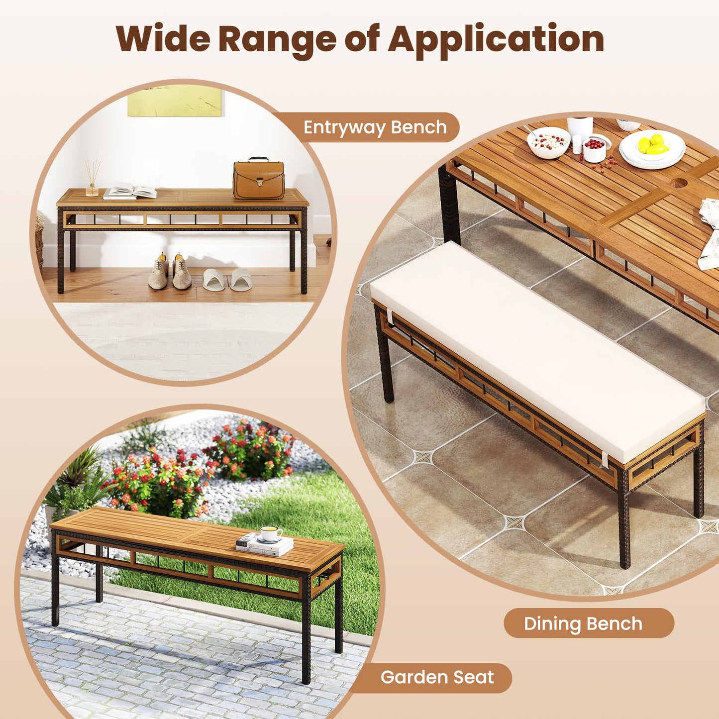 Tangkula Outdoor Wicker Bench with Removable Padded Cushion