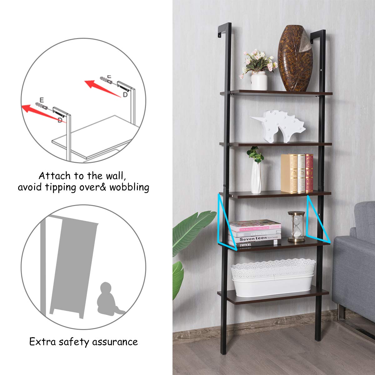 Tangkula Industrial Ladder Shelf Against The Wall, 5-Tier Wall Mount Ladder Bookshelf with Metal Frame