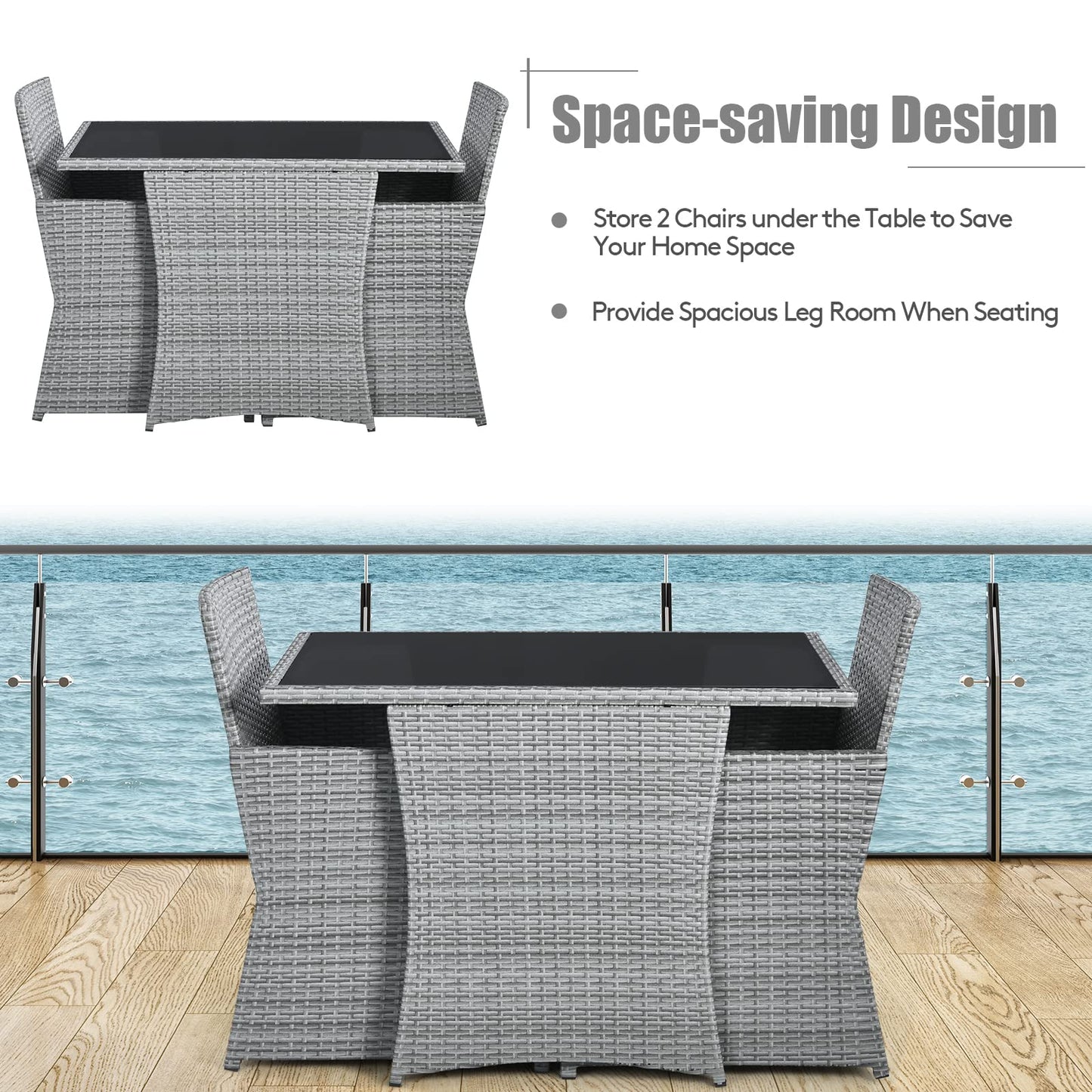 3 Pieces Patio Dining Set, Patiojoy Space-Saving PE Rattan Bistro Set with Tempered Glass Top Table and Cushioned Chairs