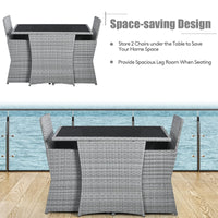 3 Pieces Patio Dining Set, Patiojoy Space-Saving PE Rattan Bistro Set with Tempered Glass Top Table and Cushioned Chairs