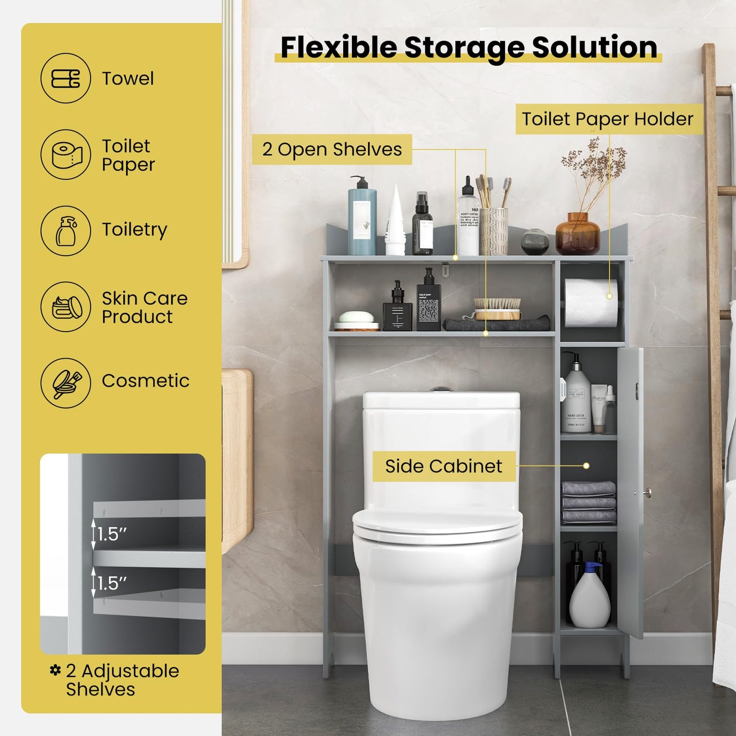 Tangkula Over The Toilet Storage Cabinet Bathroom Organizer w/Toilet Paper Holder