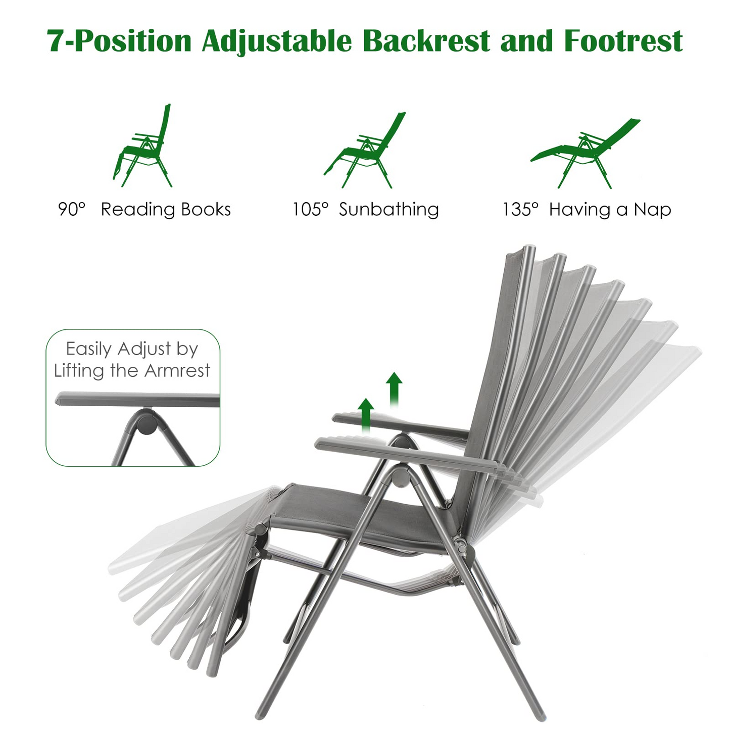Chaise longue pliante d'extérieur Tangkula, fauteuil inclinable de patio avec 7 positions de dossier et de repose-pieds réglables