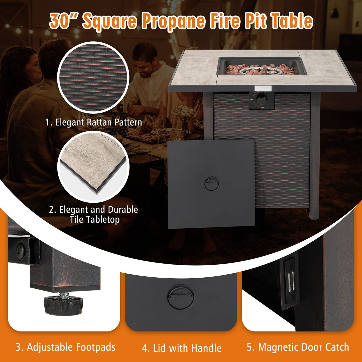 Tangkula Table Foyer d'Extérieur au Propane 30 Pouces, Patiojoy Table Foyer Carrée 50 000 BTU