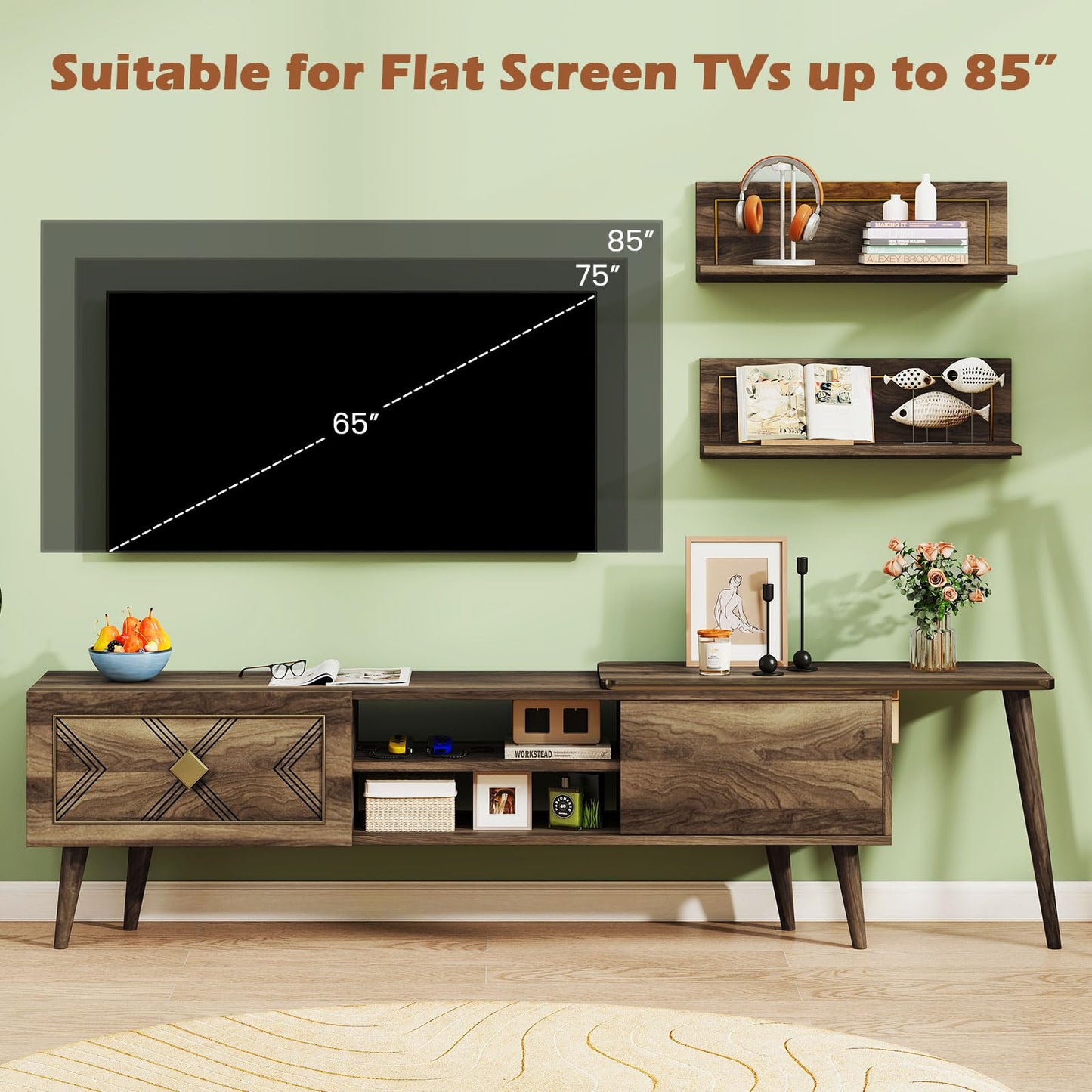 Tangkula Farmhouse TV Stand with 2 Wall Shelves for Living Room