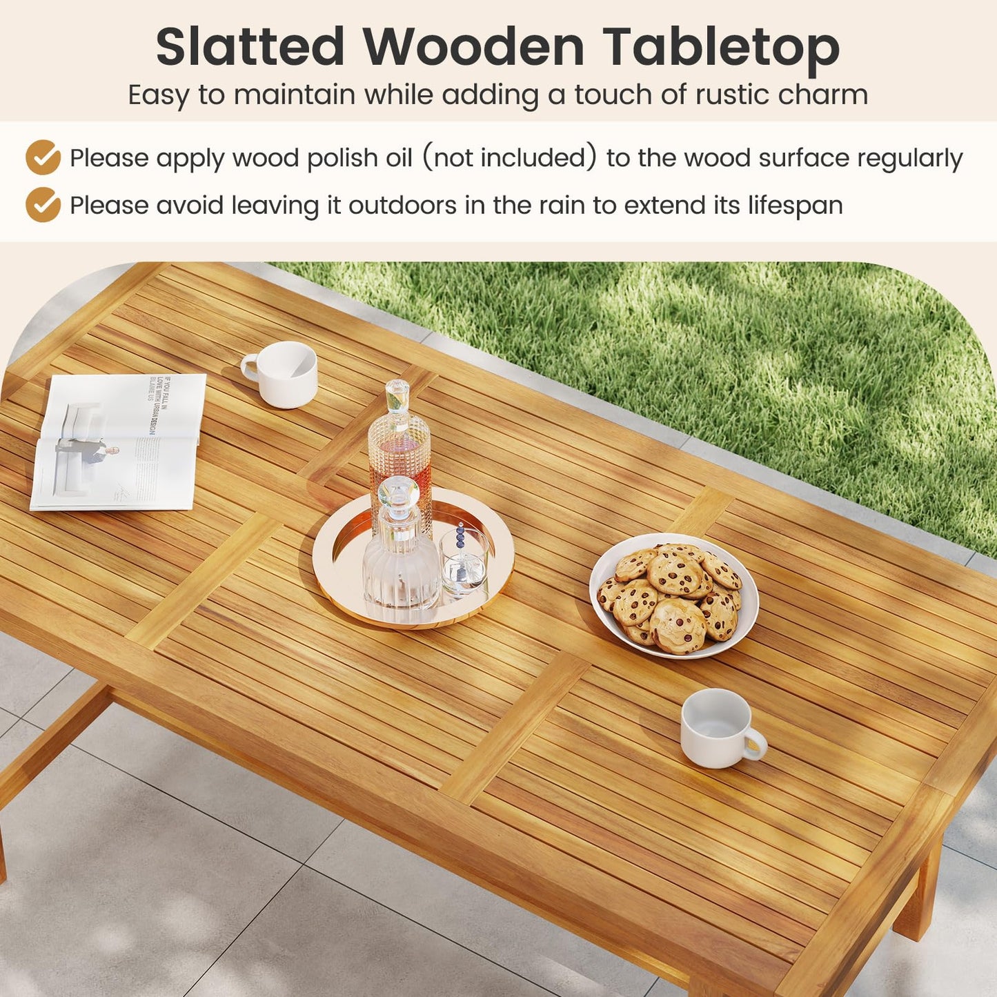 Tangkula 63” Outdoor Acacia Wood Rectangular Table with 1.97” Umbrealla Hole & 2 Cushioned Bench