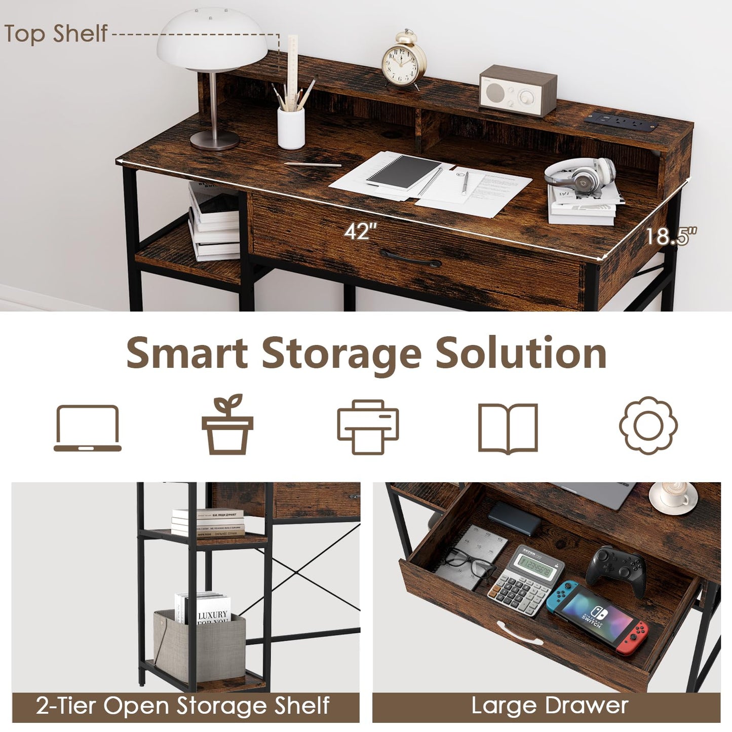 Tangkula Petit bureau d'ordinateur 42" avec prises de courant, étagère supérieure, tiroir et 2 étagères ouvertes
