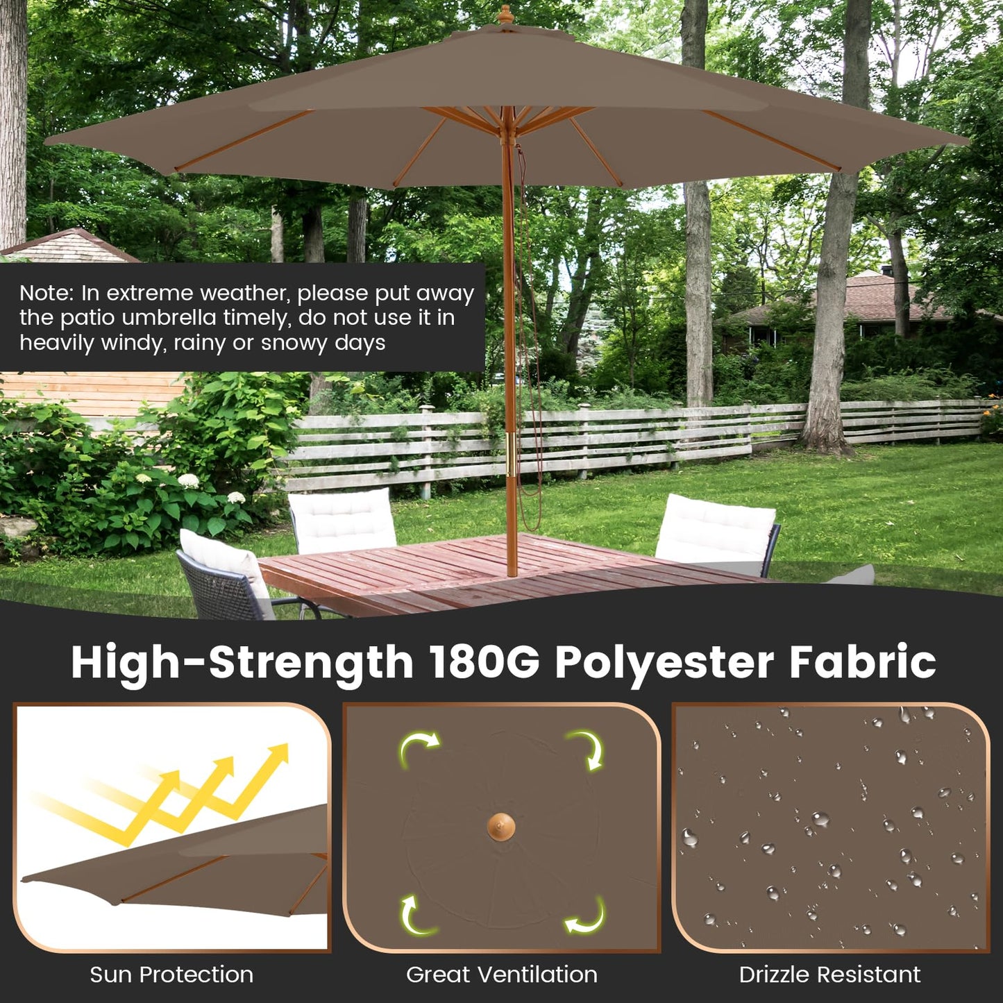Tangkula 10FT Patio Umbrella, Outdoor Table Market Umbrella w/8 Wooden Ribs