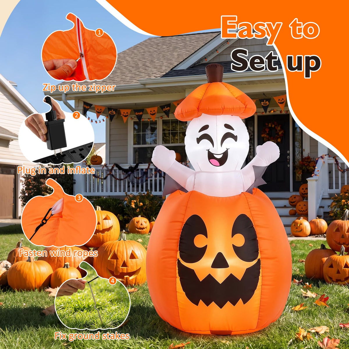 Tangkula 5 FT Halloween Lighted Inflatable Pumpkin with Animated Ghost