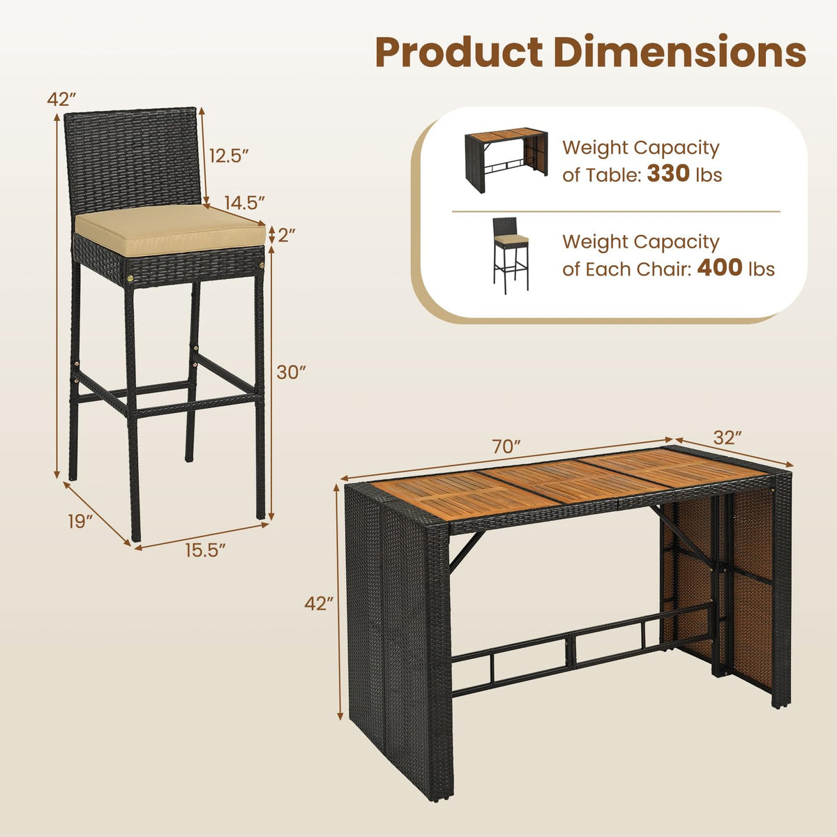 Ensemble de bar extérieur Tangkula 7 pièces avec 6 chaises rembourrées