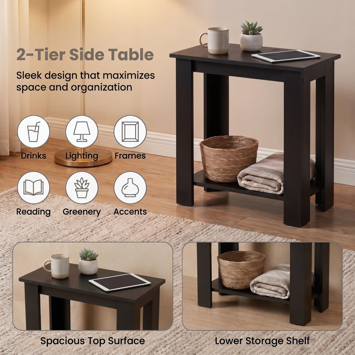 Tangkula 2-Tier Wooden Narrow End Table