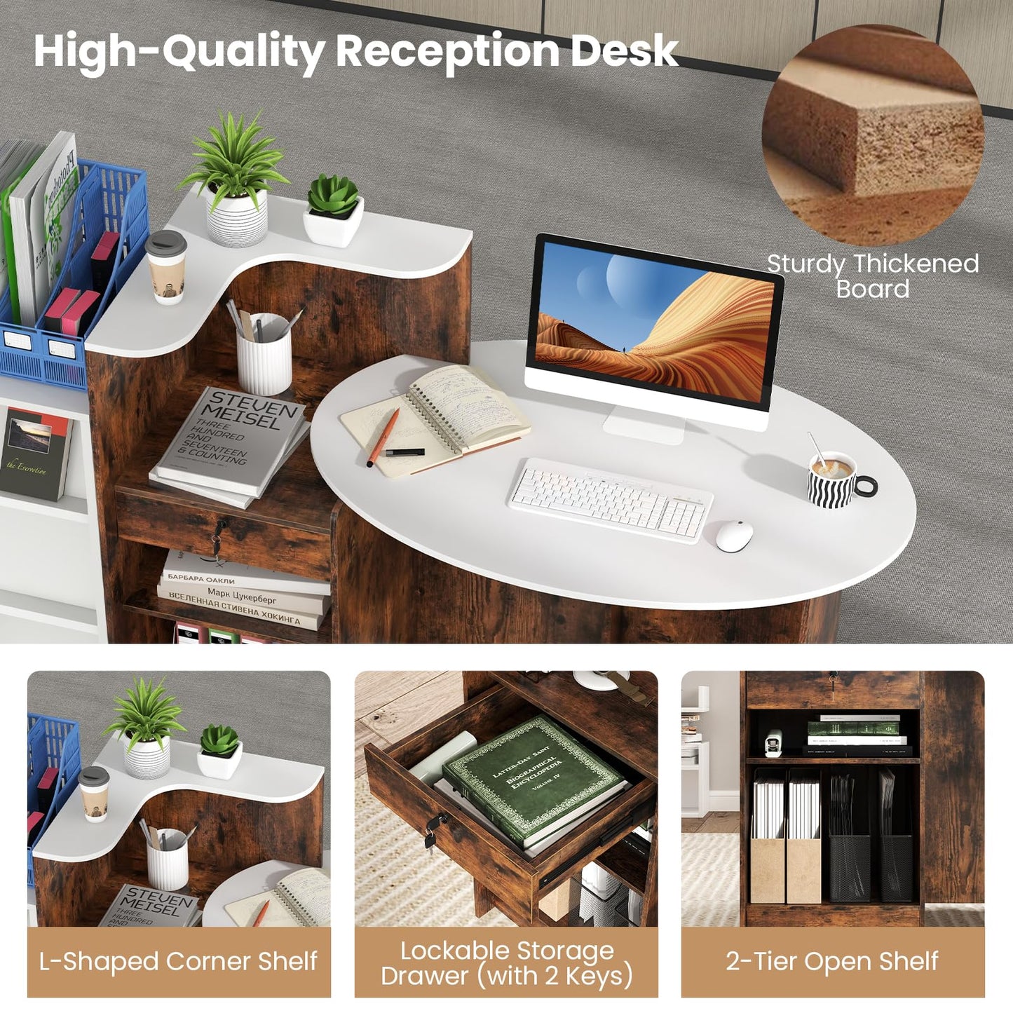 Tangkula Reception Desk, Front Counter Desk with Lockable Drawers
