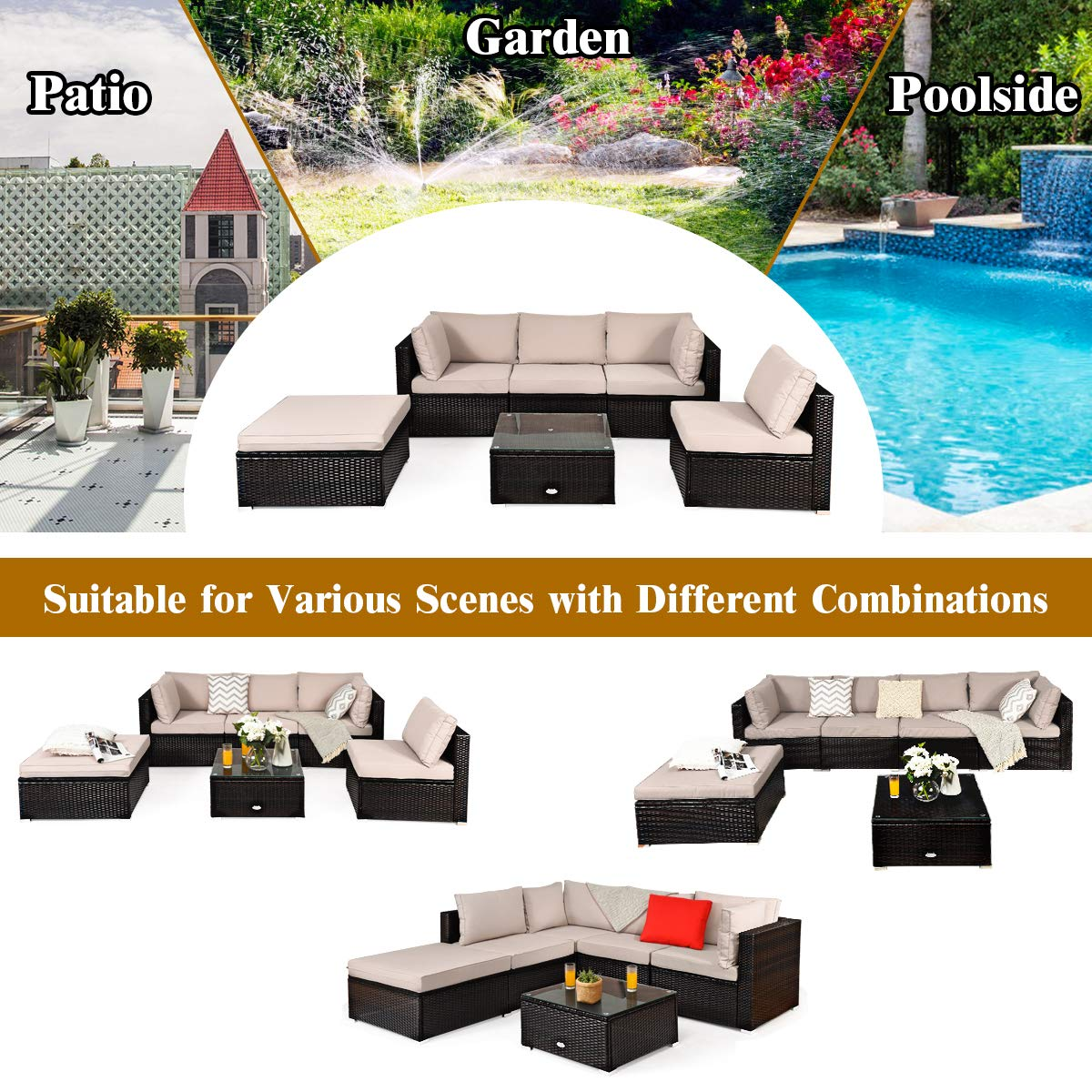 Tangkula 6 Piece Patio Furniture Set,Durable Steel Frame PE Rattan Wicker Sectional Sofa Set