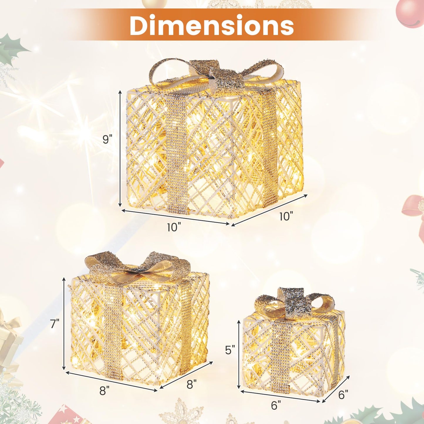 Tangkukla 3 Pack Christmas Lighted Gift Box, Pre-Lit Festive Boxes w/ 50 LED Lights