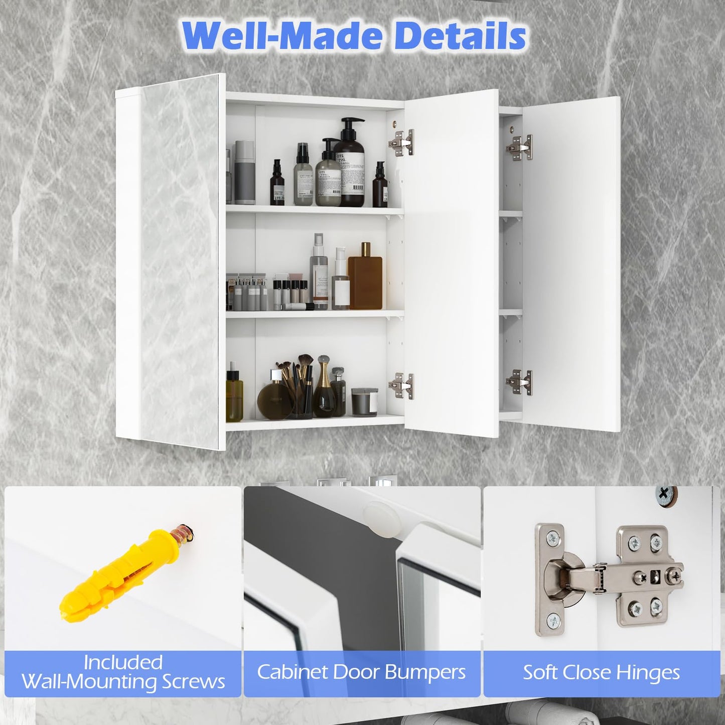 Tangkula 36" Wide Wall Mount Mirrored Bathroom Medicine Cabinet Storage 3 Mirror Door