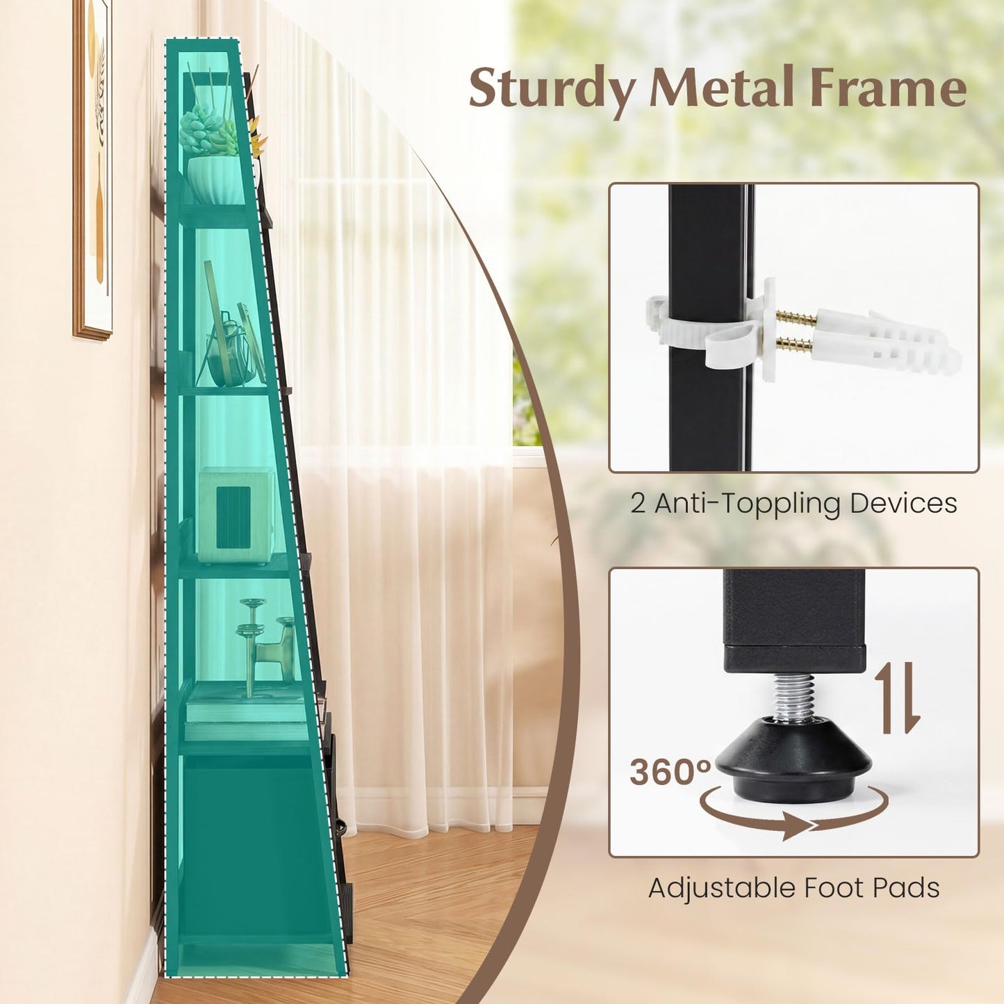 Tangkula 5-Tier Narrow Ladder Bookshelf with Fabric Drawer (1/2)