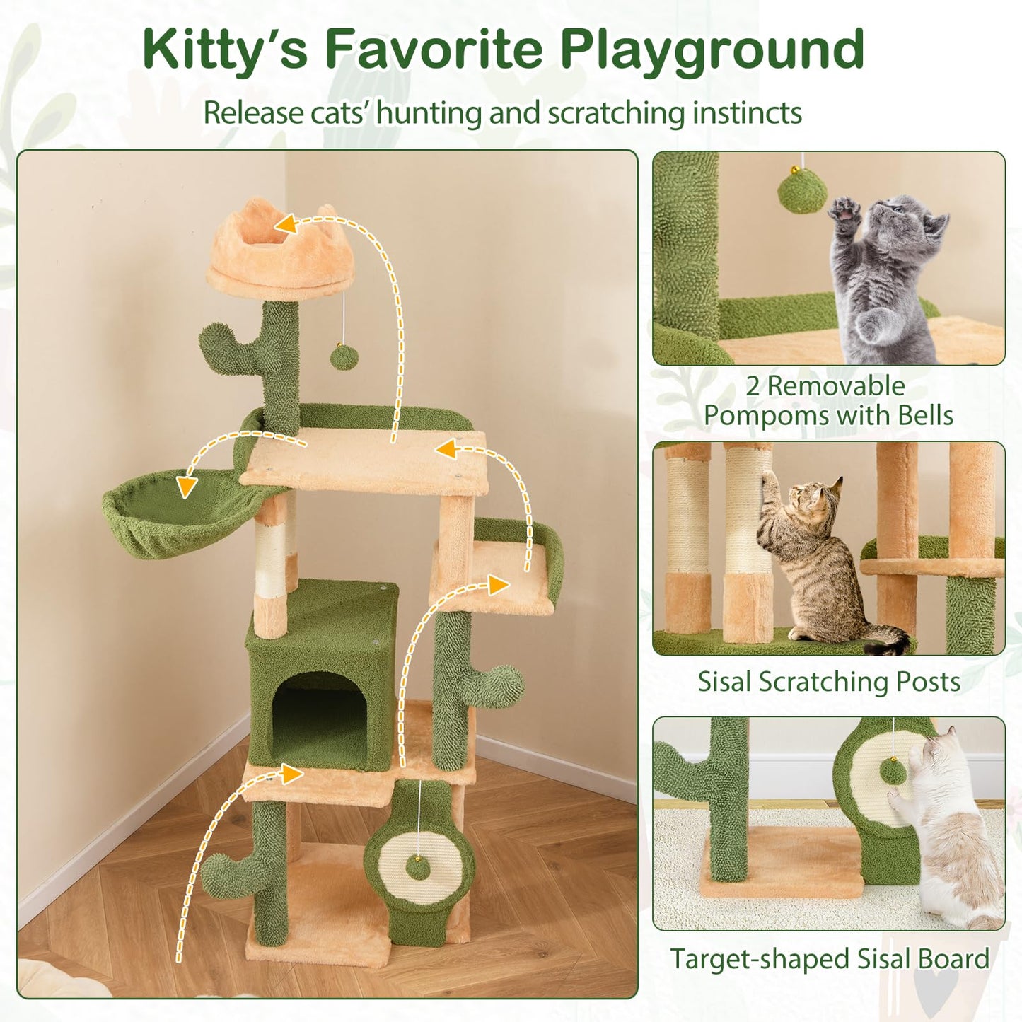 Tangkula Cactus Cat Tree, 63 Inch Multi-Level Tall Cat Tower with Sisal Scratching Posts & Board