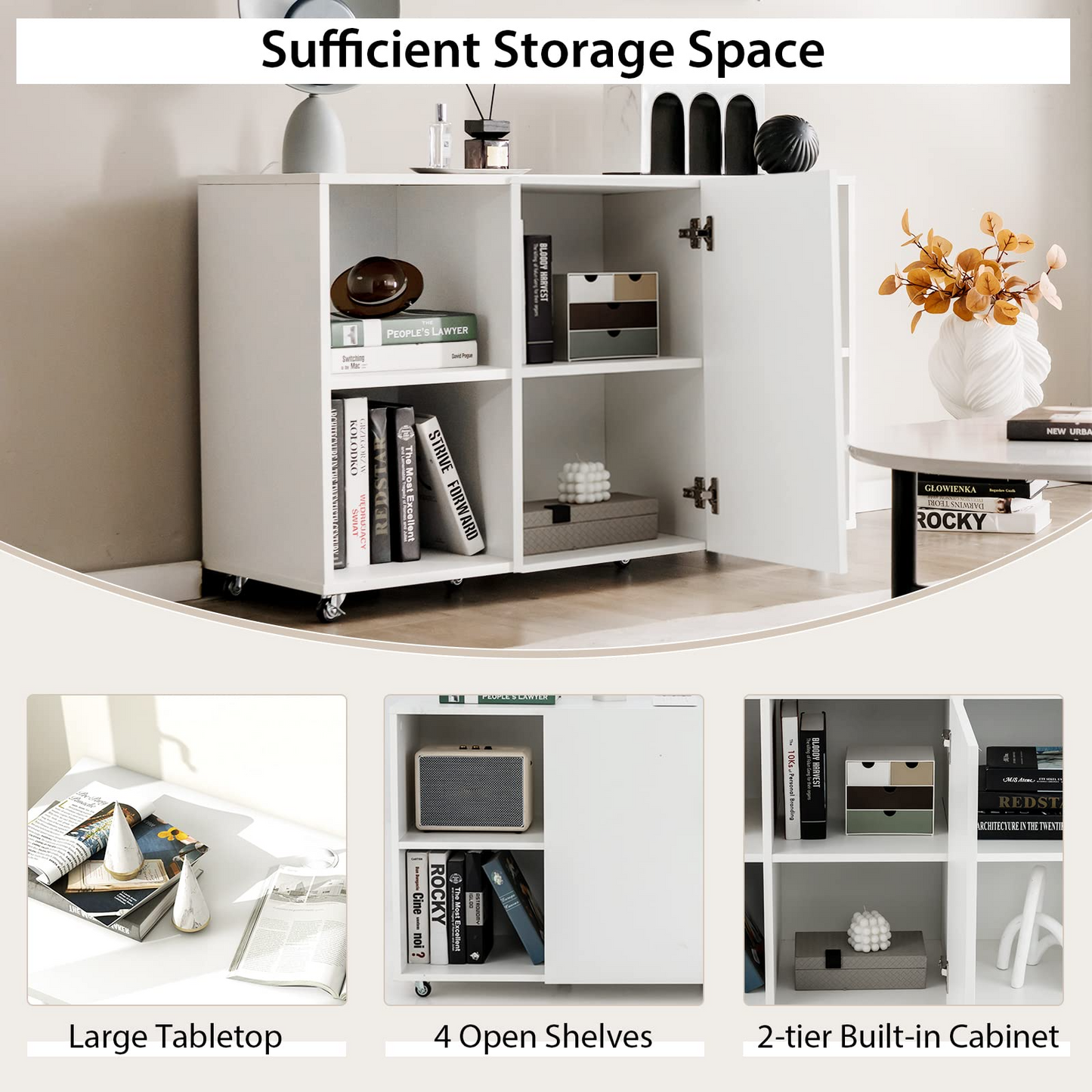 Tangkula Wood File Cabinet with Wheels, Mobile Storage Cabinet with 6 Compartments